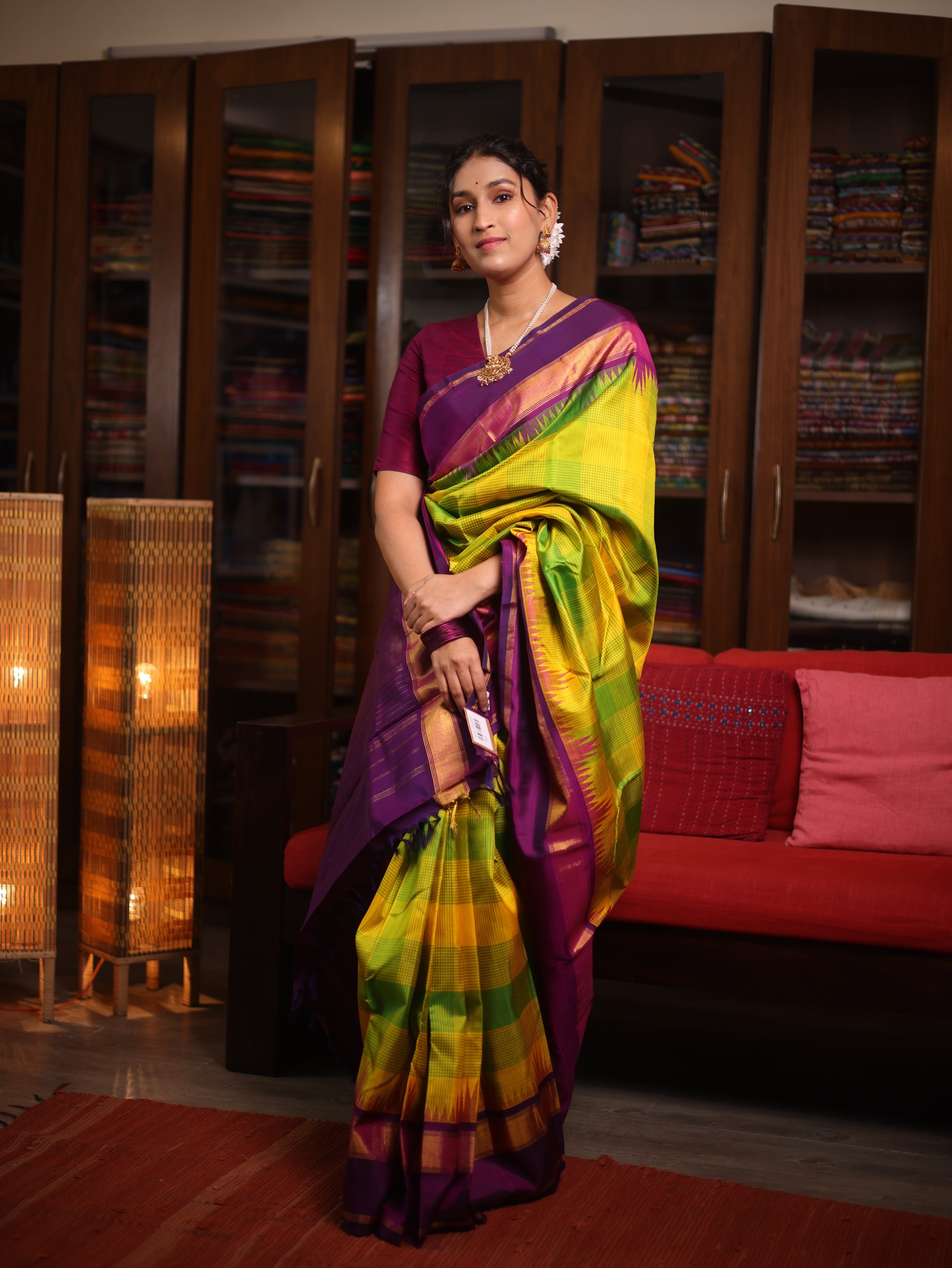 Yellow-Green Checks Kanjivaram Silk Saree - SRYGCKSS1014