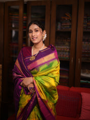 Yellow-Green Checks Kanjivaram Silk Saree - SRYGCKSS1014