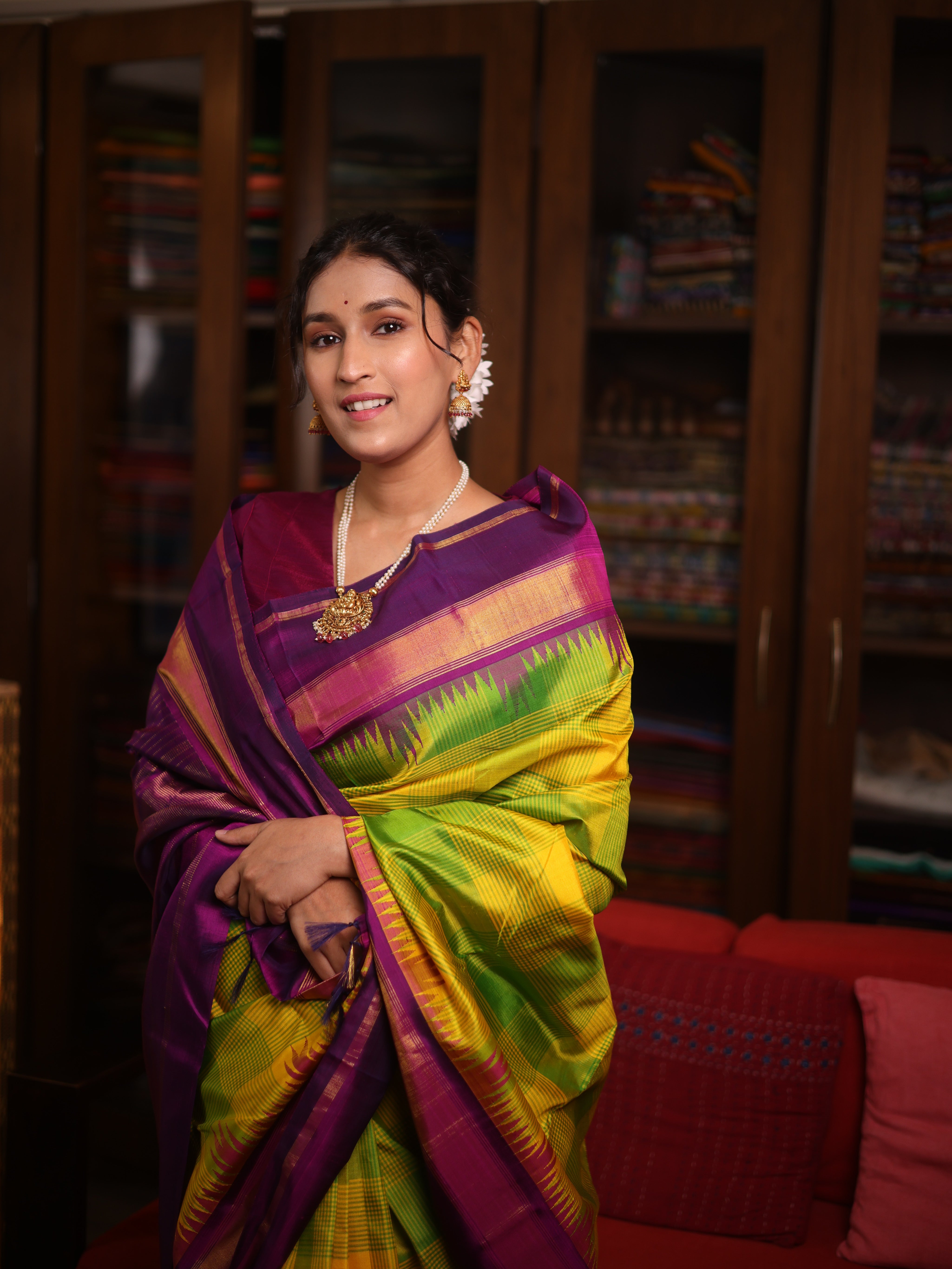 Yellow-Green Checks Kanjivaram Silk Saree - SRYGCKSS1014