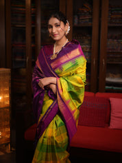 Yellow-Green Checks Kanjivaram Silk Saree - SRYGCKSS1014