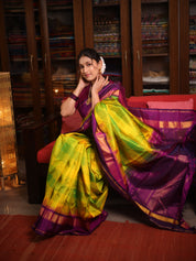 Yellow-Green Checks Kanjivaram Silk Saree - SRYGCKSS1014