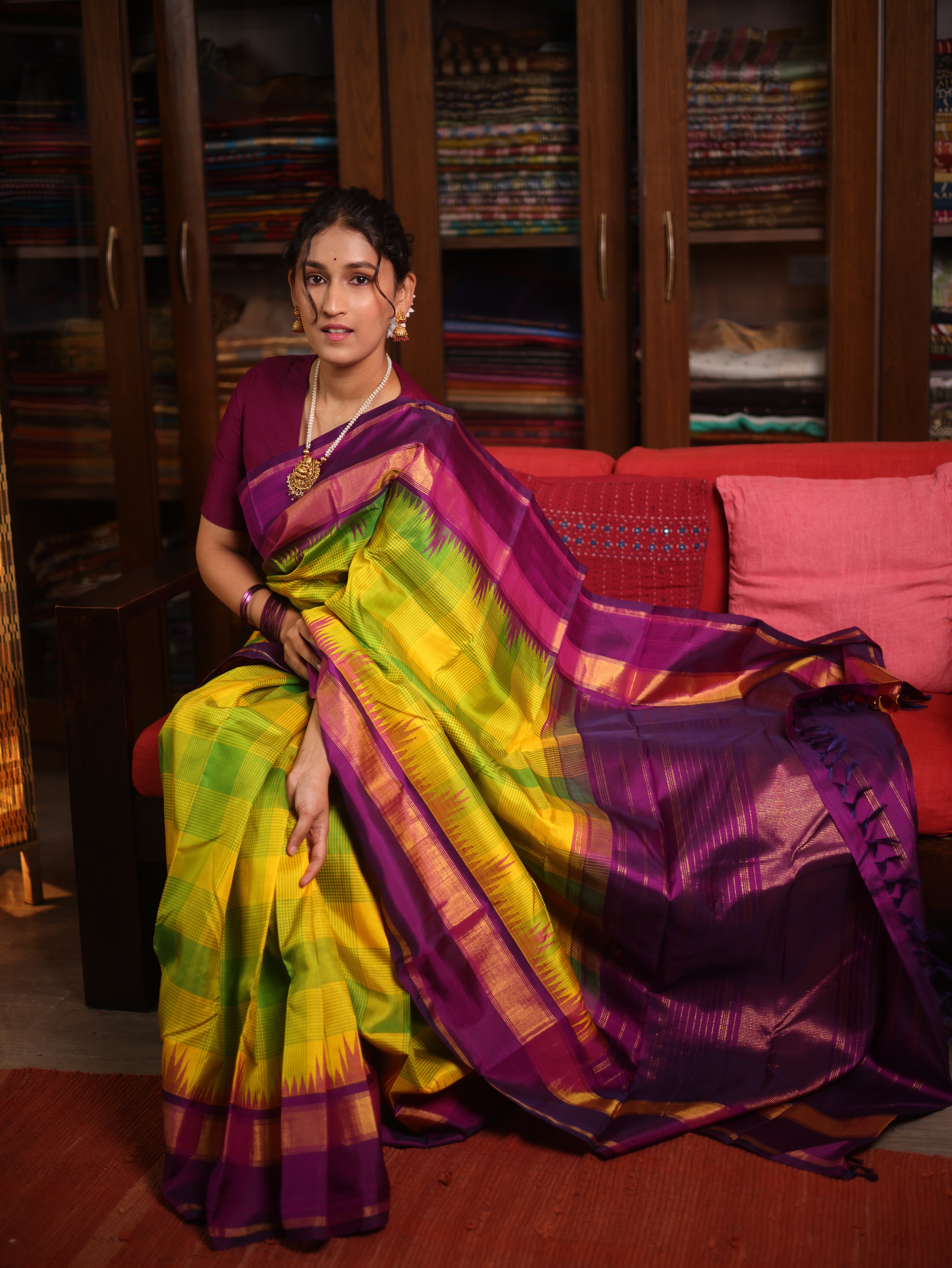Yellow-Green Checks Kanjivaram Silk Saree - SRYGCKSS1014