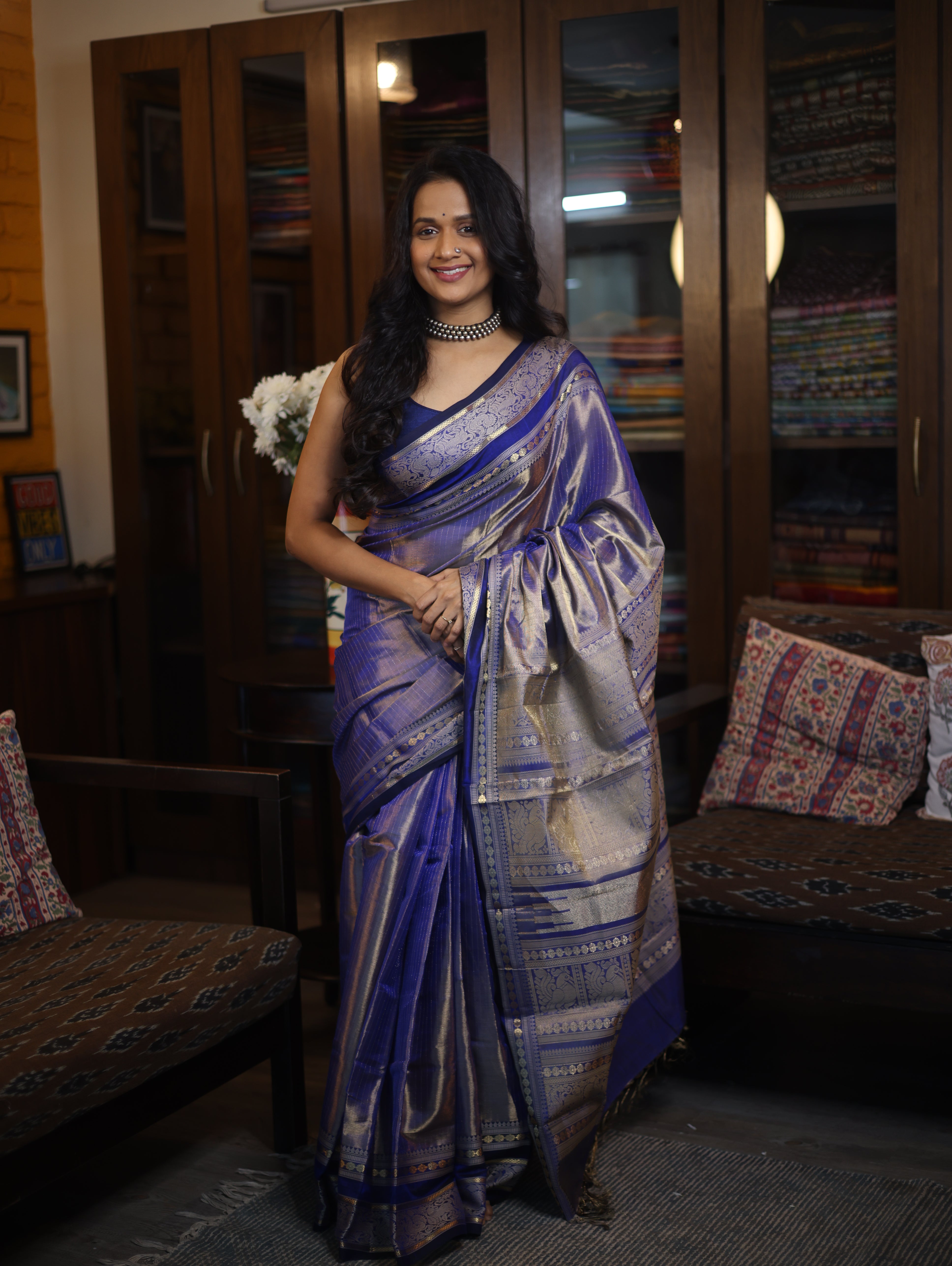 Two Tone Blue Kanchi Silk Cotton Saree with Jari Border-SRTTBKSCS111