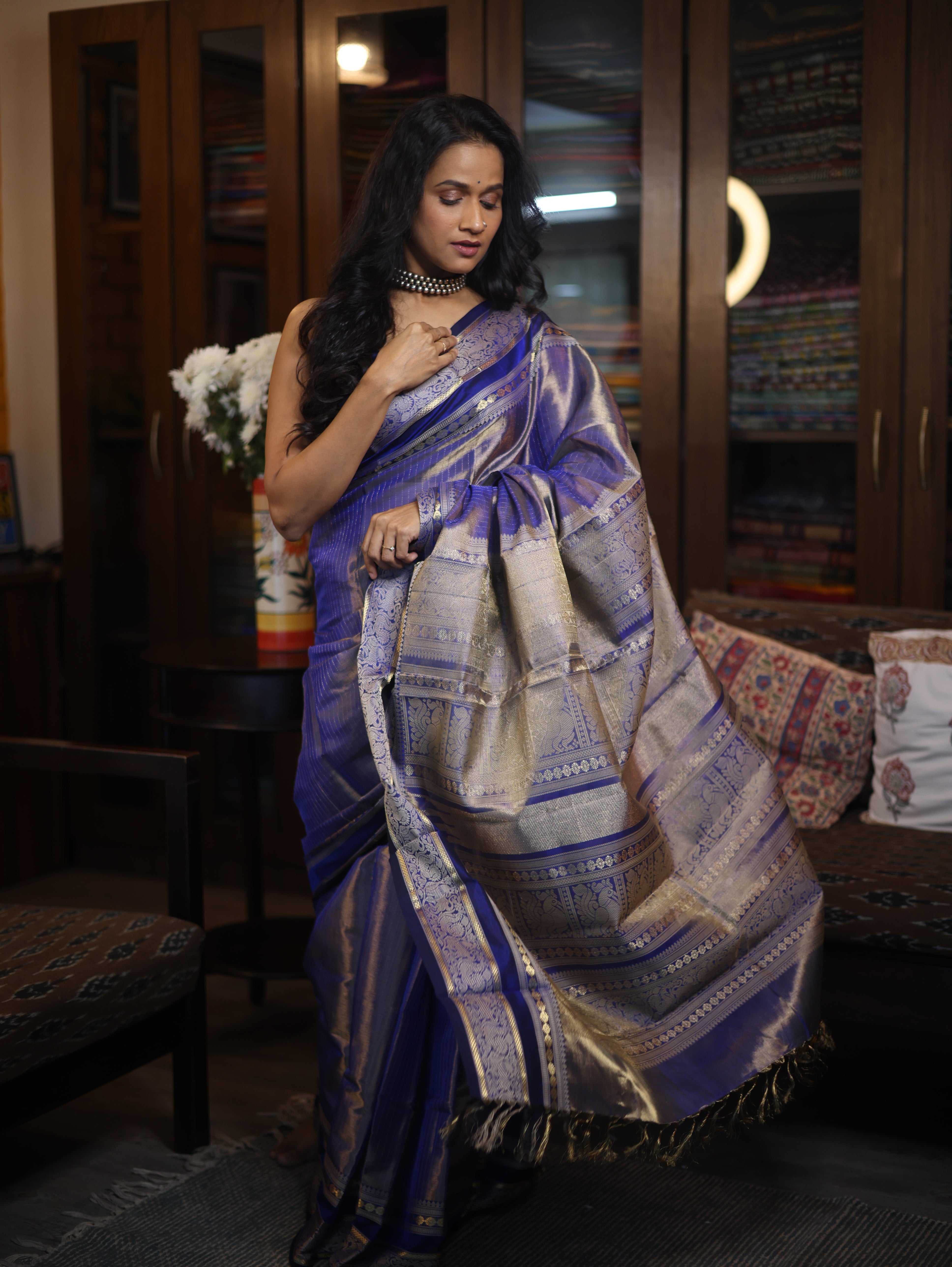 Two Tone Blue Kanchi Silk Cotton Saree with Jari Border-SRTTBKSCS111