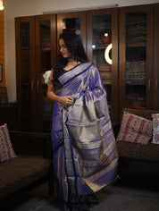 Two Tone Blue Kanchi Silk Cotton Saree with Jari Border-SRTTBKSCS111