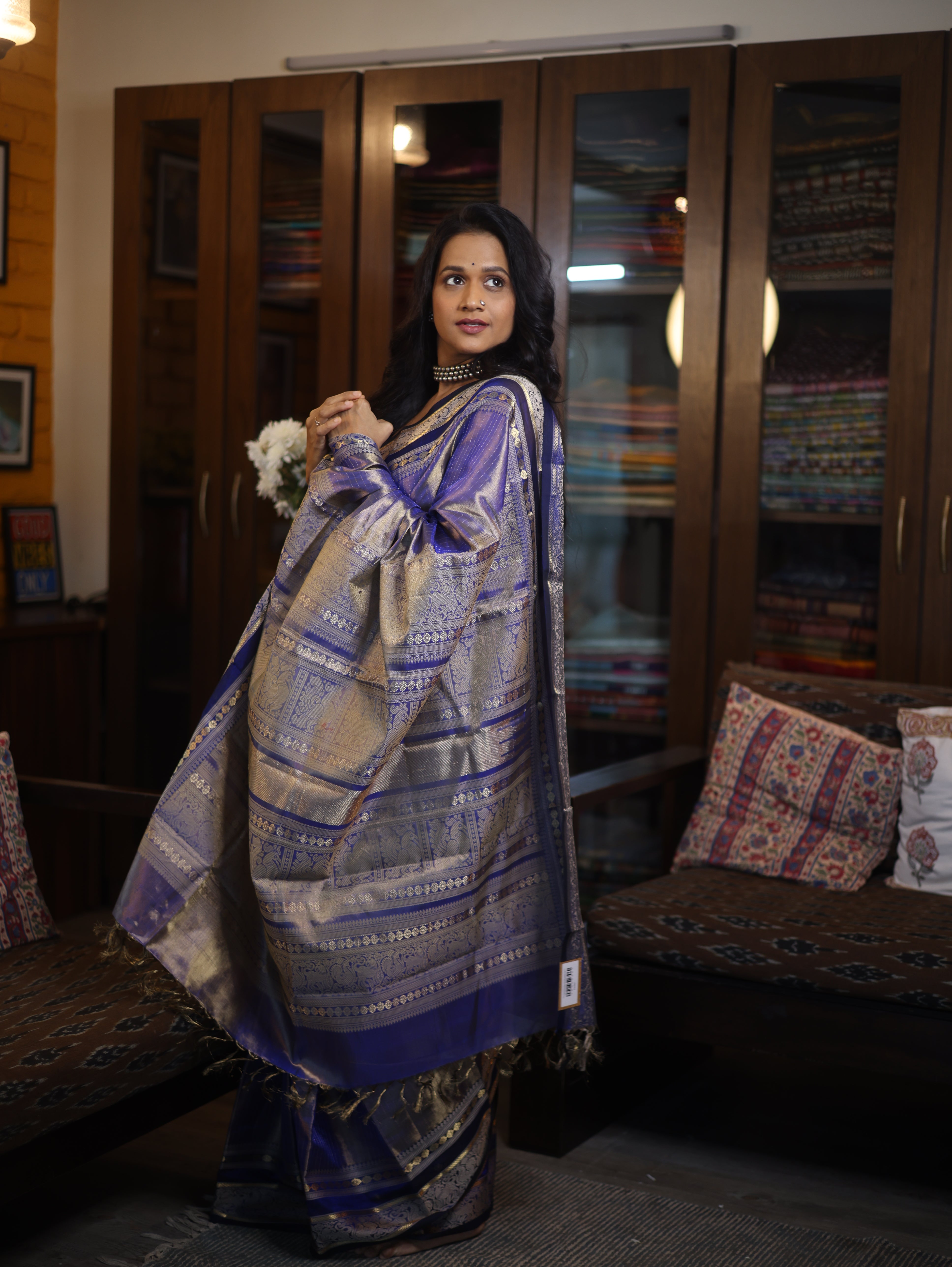 Two Tone Blue Kanchi Silk Cotton Saree with Jari Border-SRTTBKSCS111