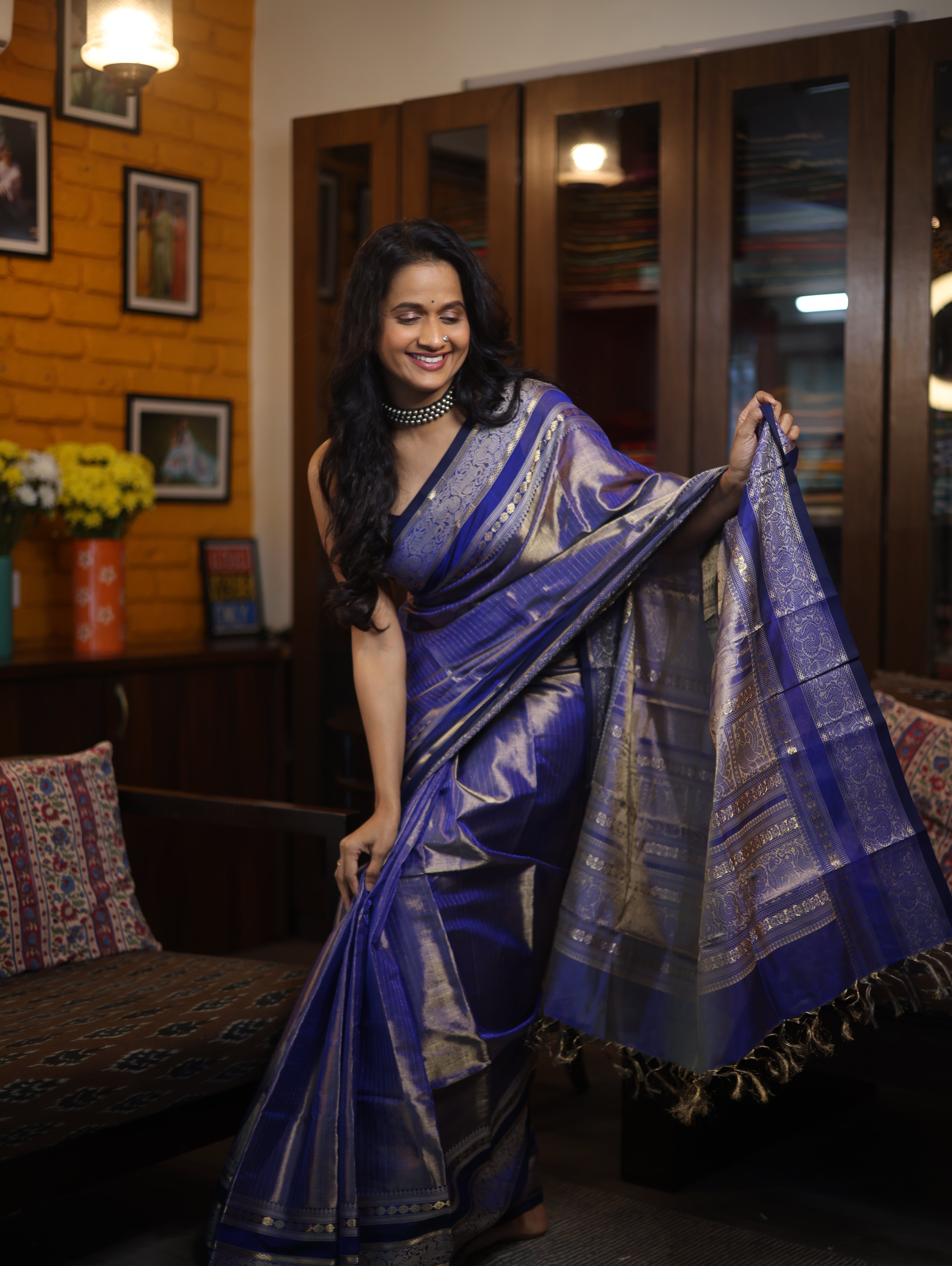 Two Tone Blue Kanchi Silk Cotton Saree with Jari Border-SRTTBKSCS111