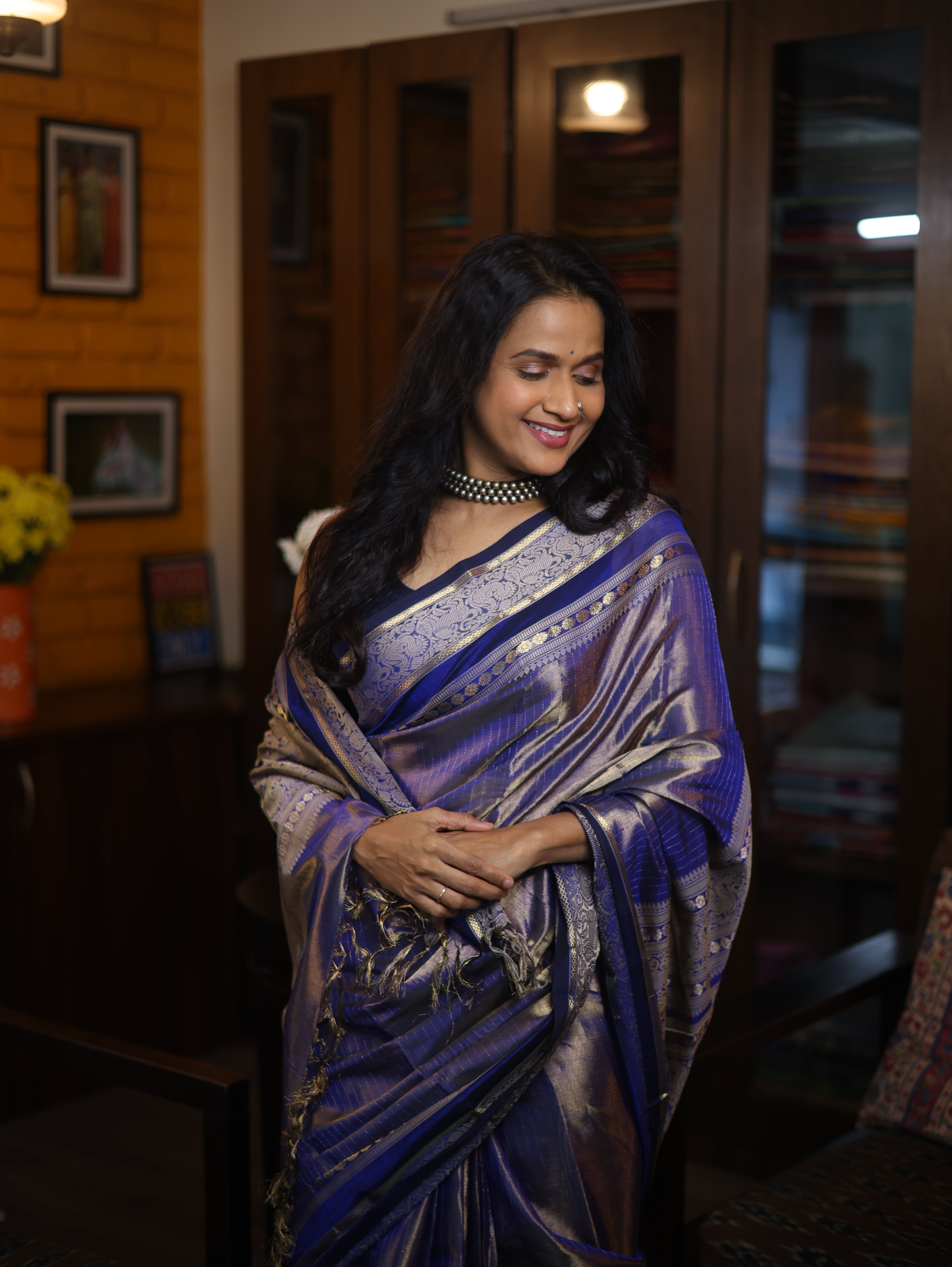 Two Tone Blue Kanchi Silk Cotton Saree with Jari Border-SRTTBKSCS111