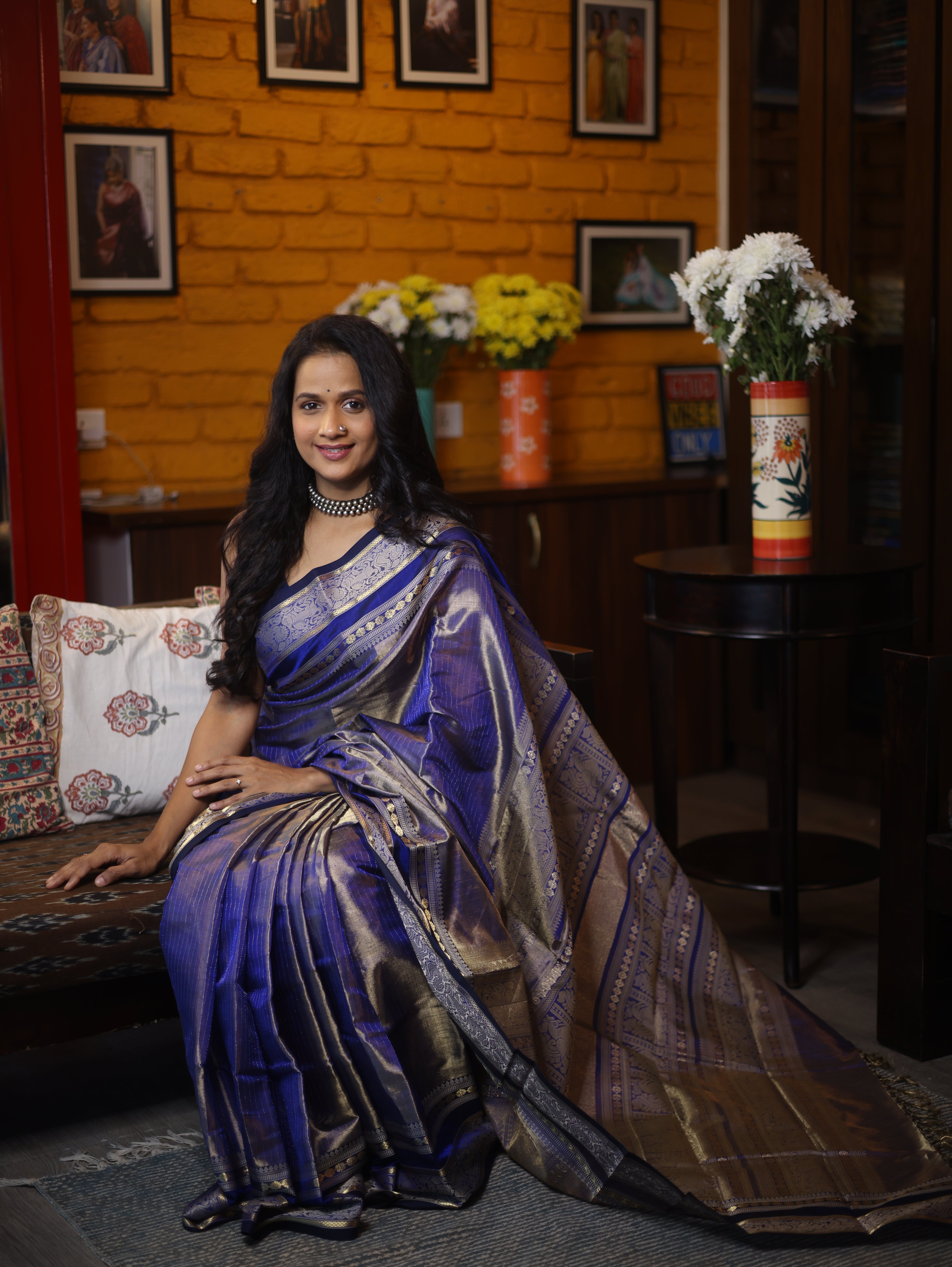 Two Tone Blue Kanchi Silk Cotton Saree with Jari Border-SRTTBKSCS111