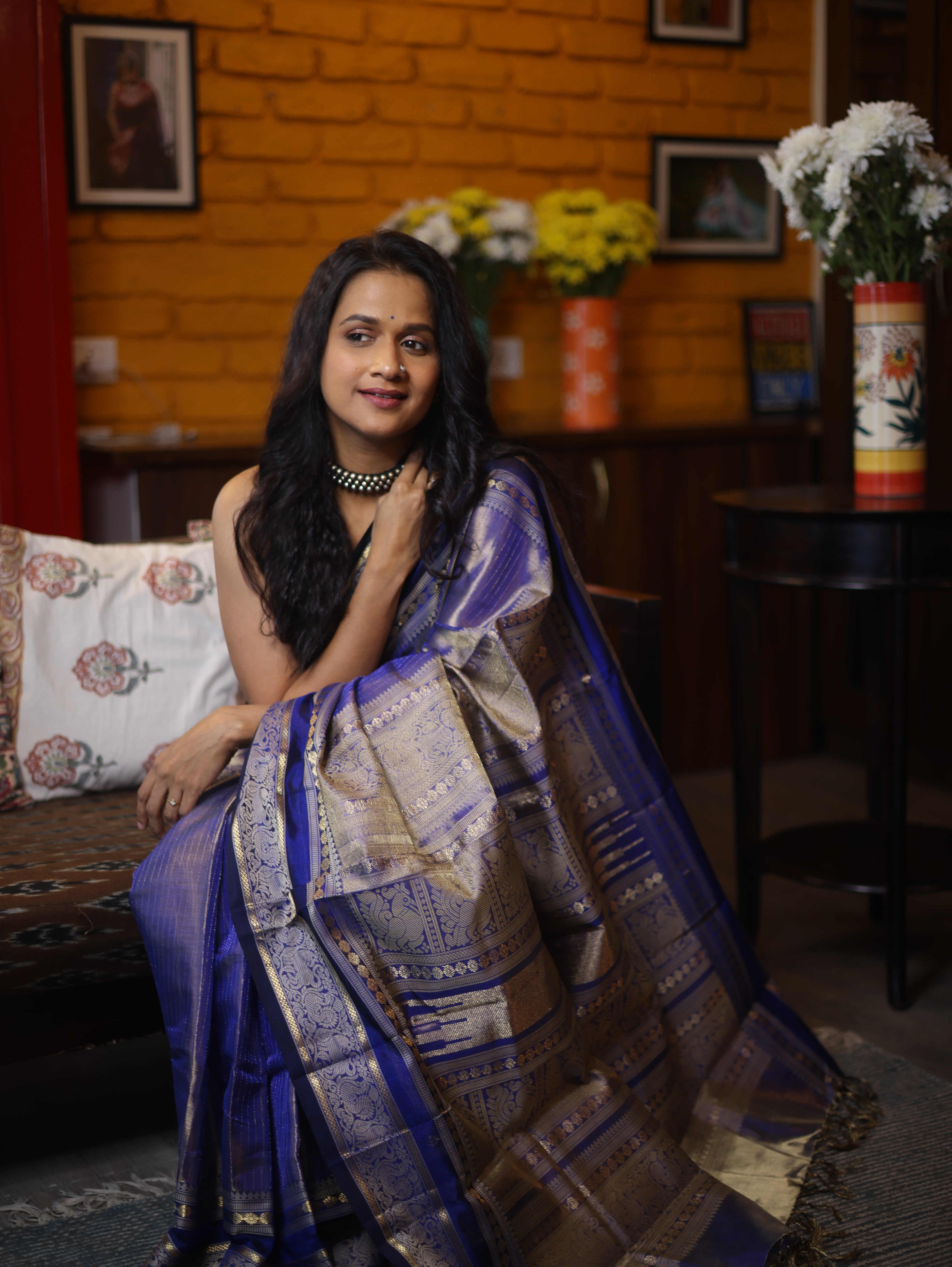 Two Tone Blue Kanchi Silk Cotton Saree with Jari Border-SRTTBKSCS111