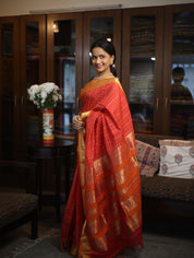 Red Kanchi Silk Cotton Saree with Jari Border-SRRKSCS53
