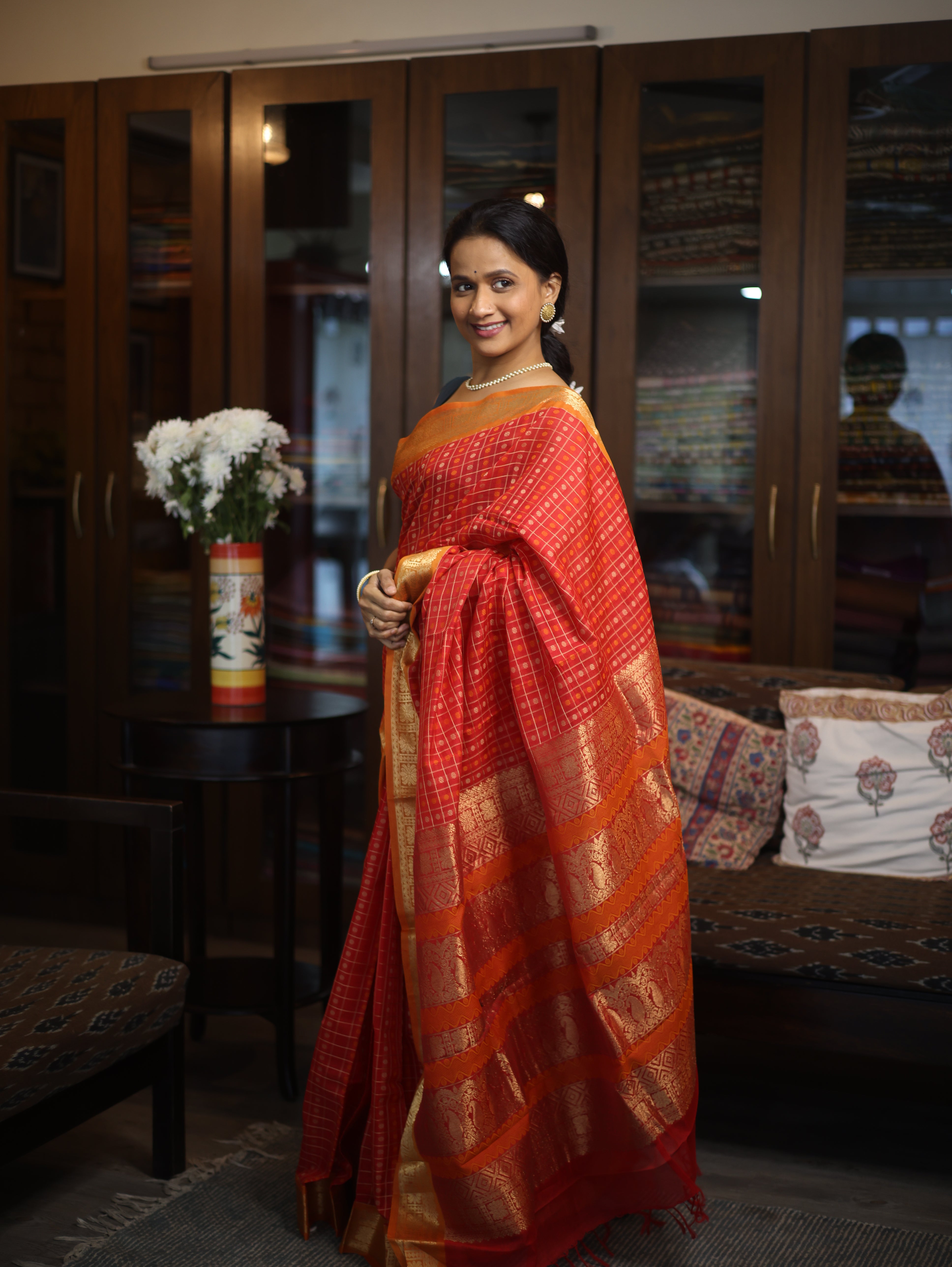 Red Kanchi Silk Cotton Saree with Jari Border-SRRKSCS53