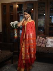 Red Kanchi Silk Cotton Saree with Jari Border-SRRKSCS53