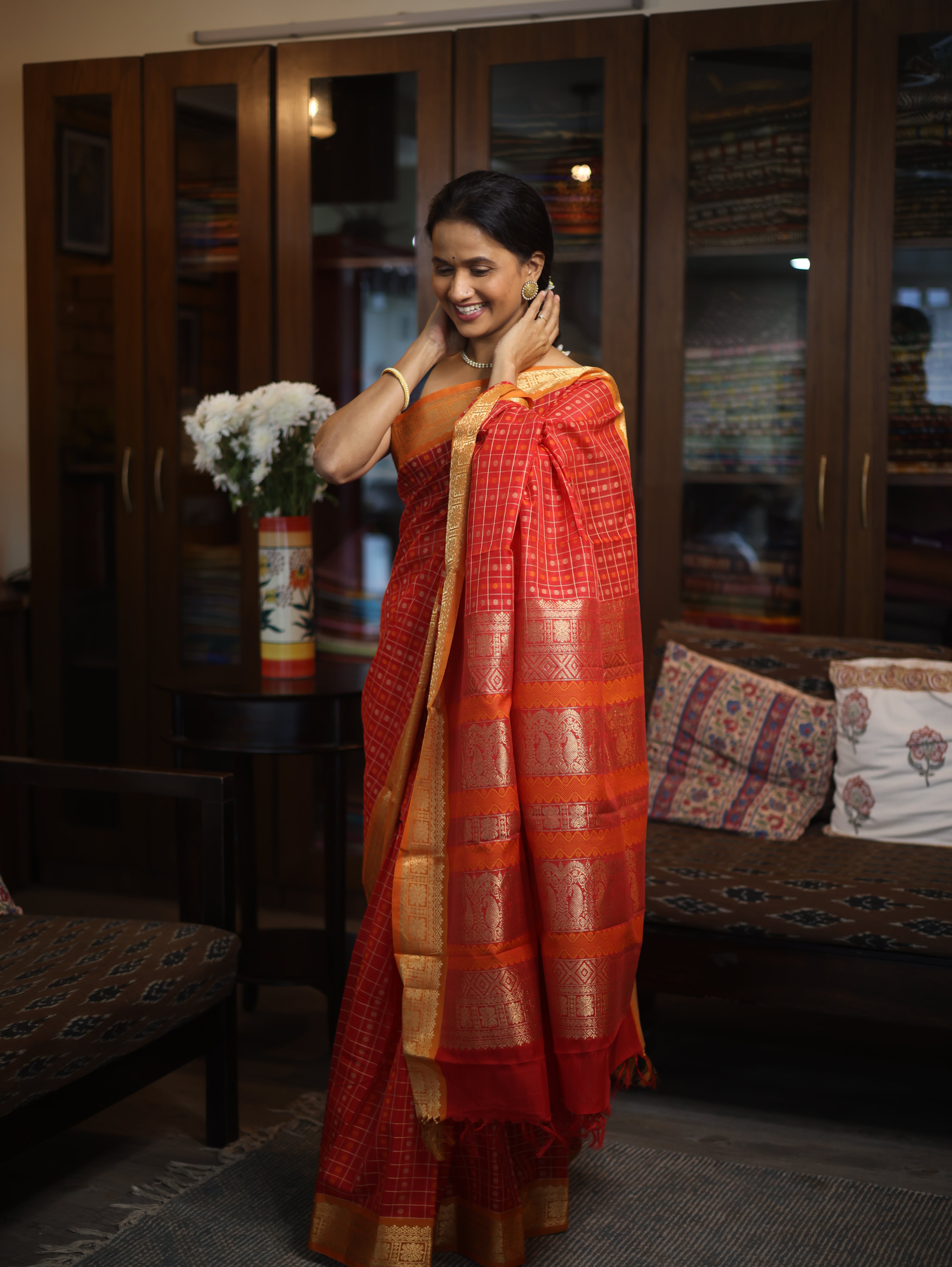 Red Kanchi Silk Cotton Saree with Jari Border-SRRKSCS53