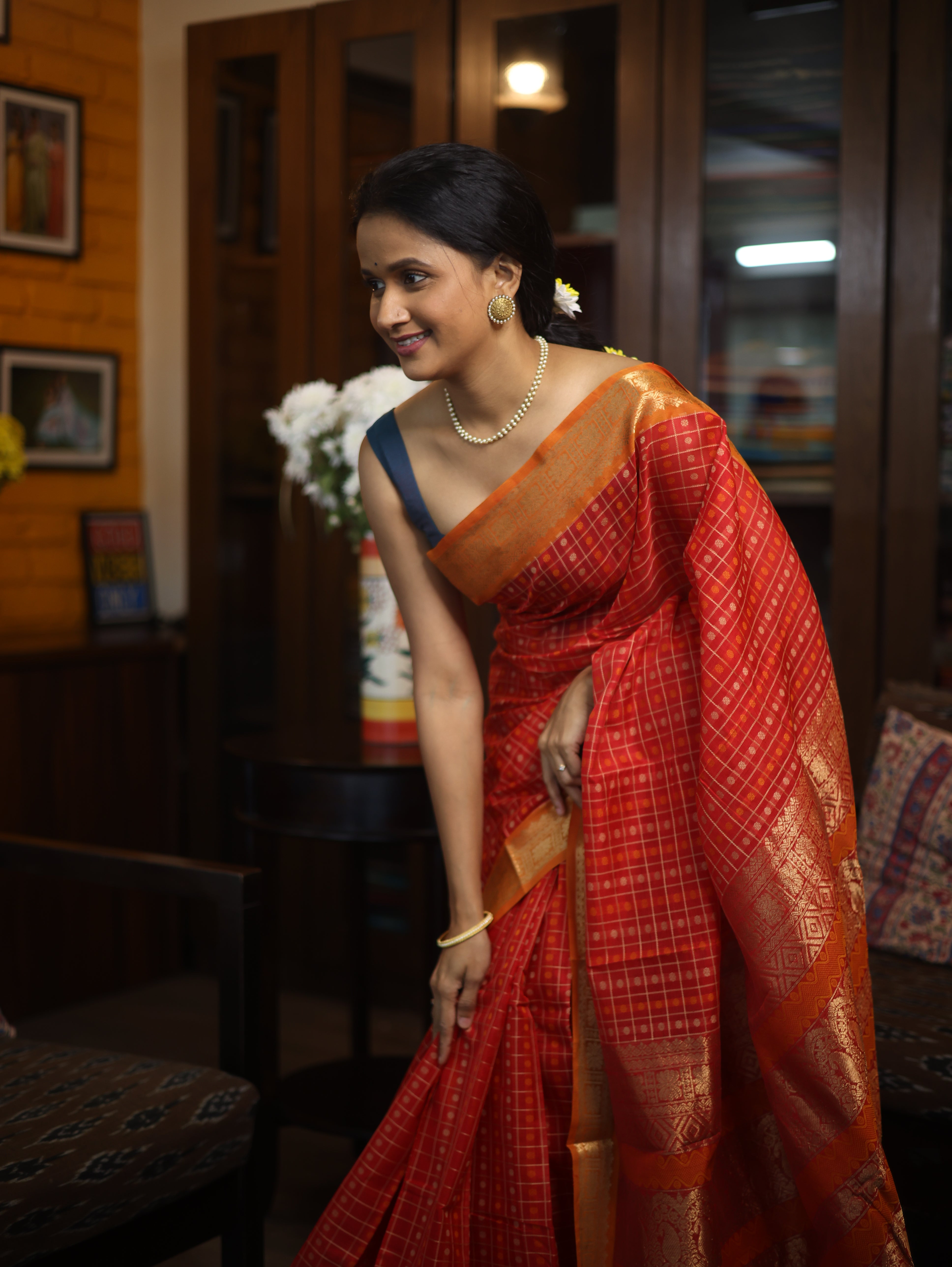 Red Kanchi Silk Cotton Saree with Jari Border-SRRKSCS53