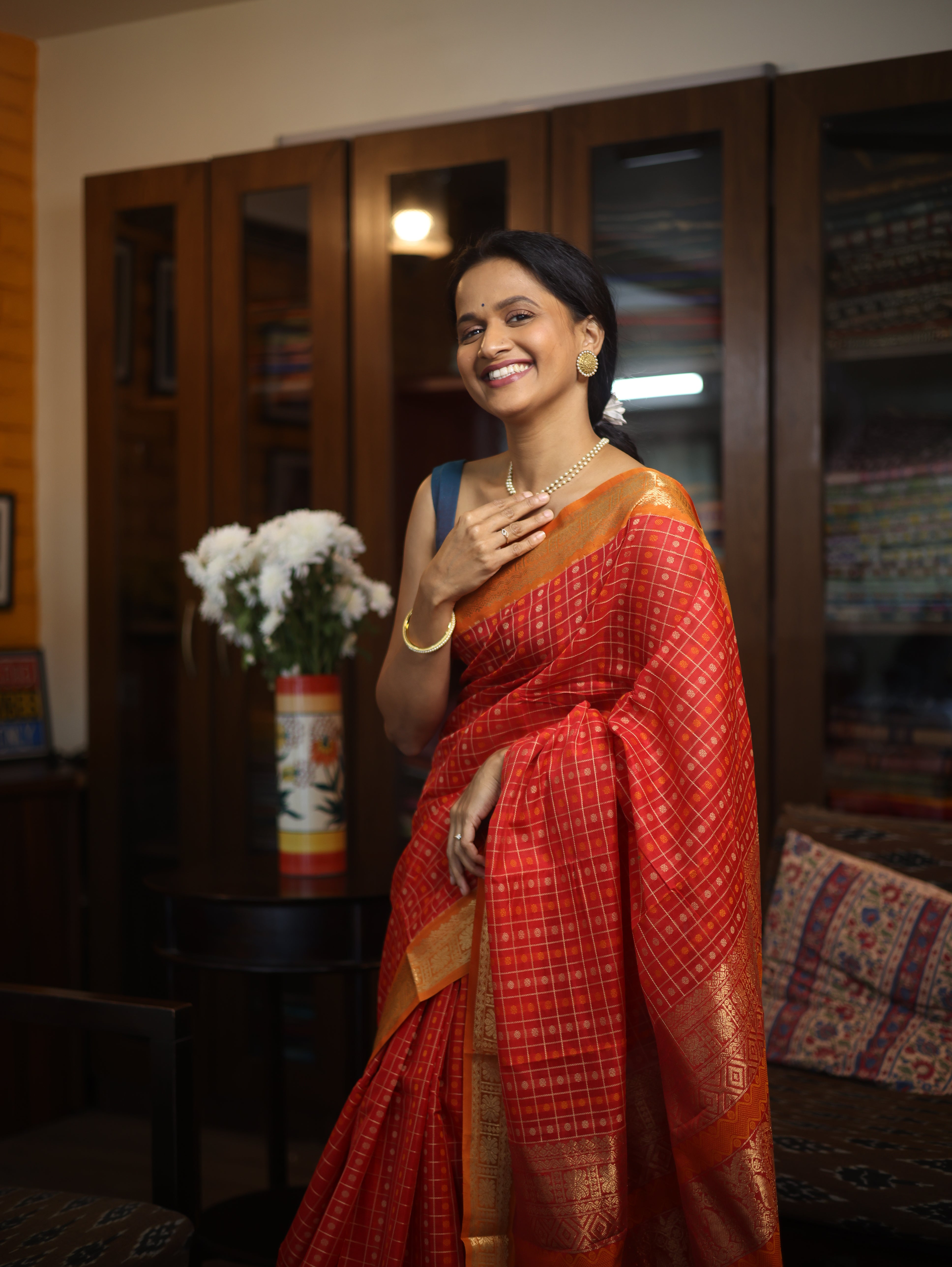 Red Kanchi Silk Cotton Saree with Jari Border-SRRKSCS53