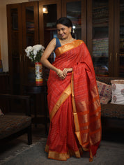 Red Kanchi Silk Cotton Saree with Jari Border-SRRKSCS53