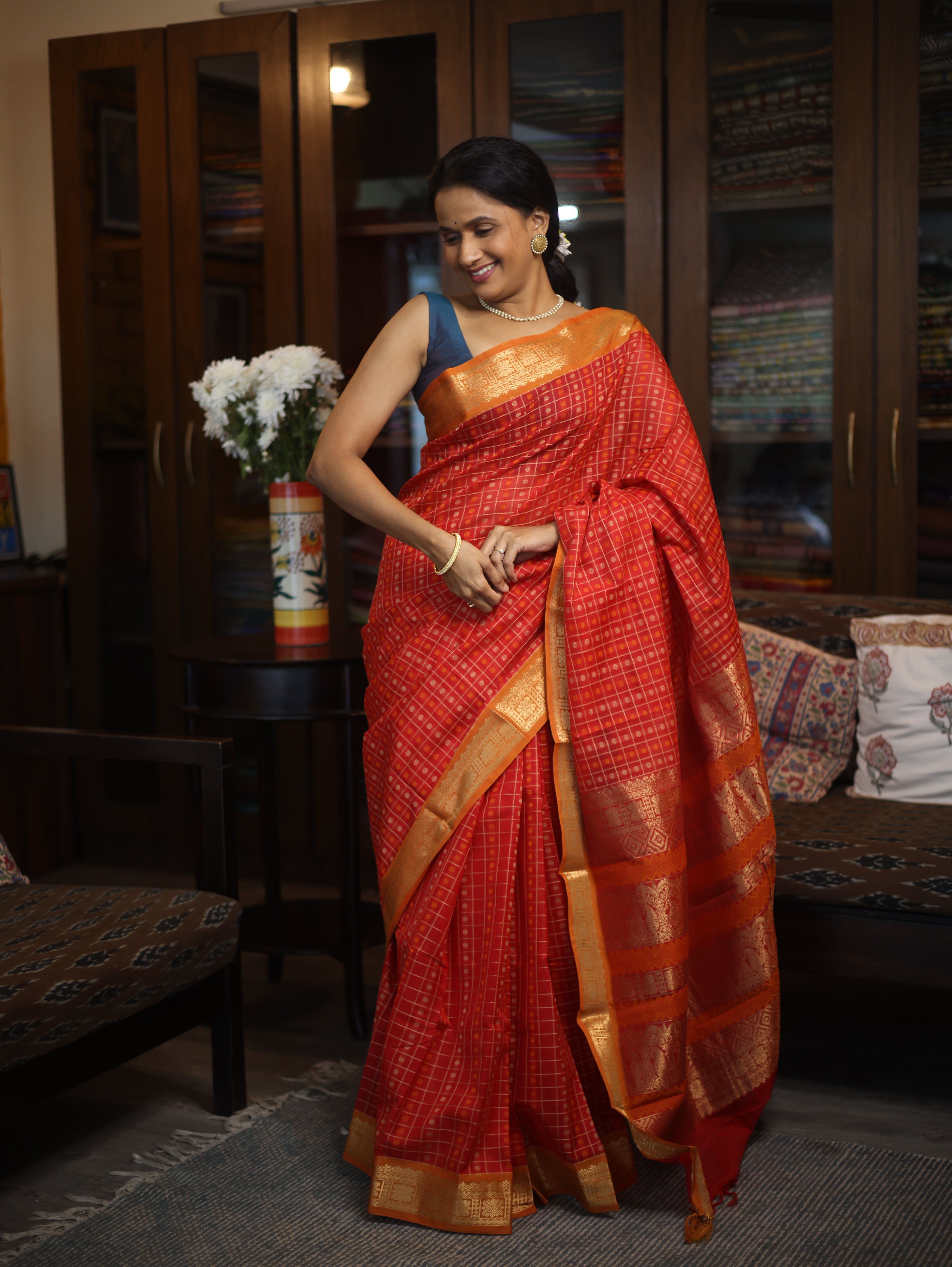 Red Kanchi Silk Cotton Saree with Jari Border-SRRKSCS53