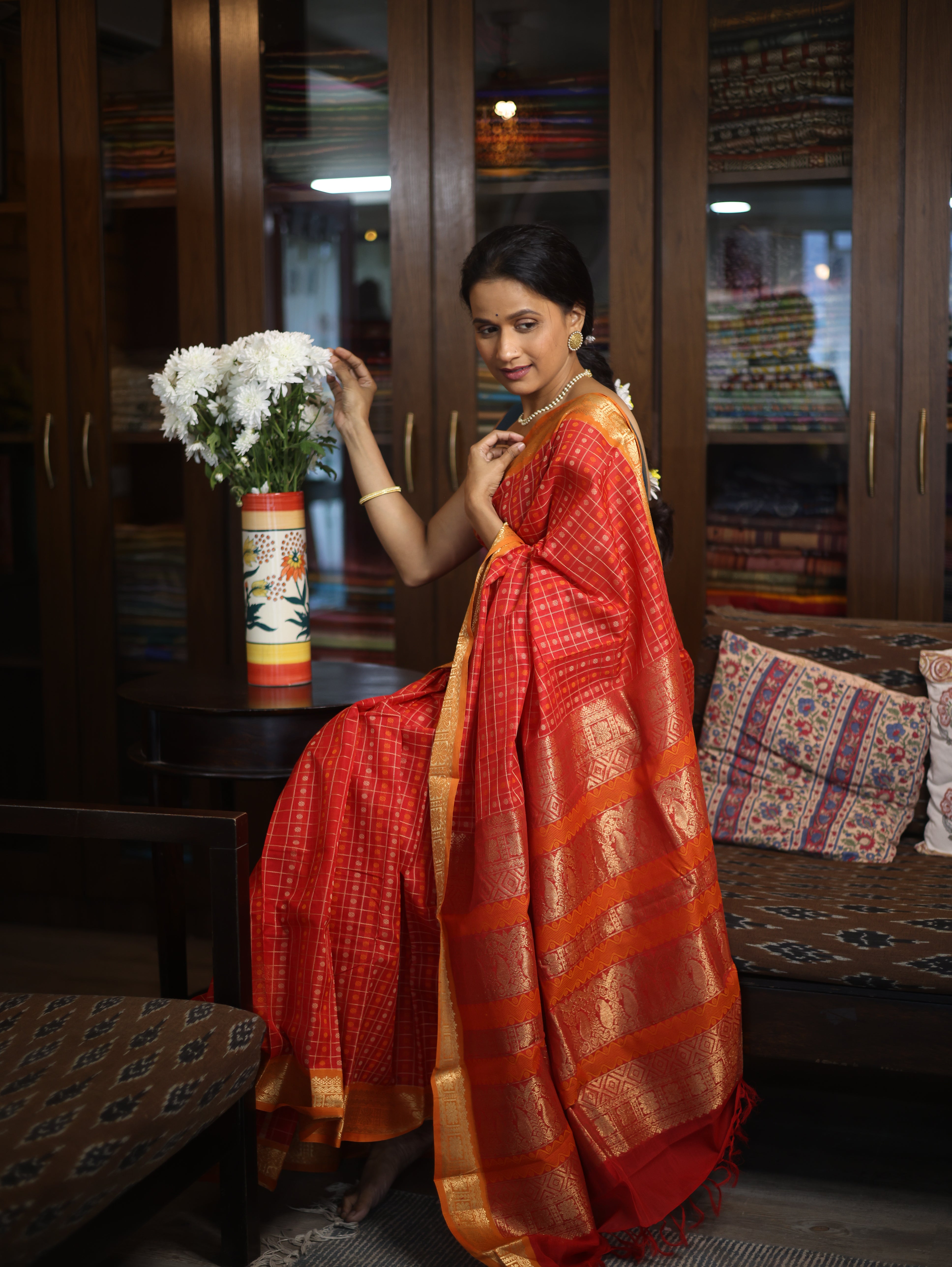 Red Kanchi Silk Cotton Saree with Jari Border-SRRKSCS53
