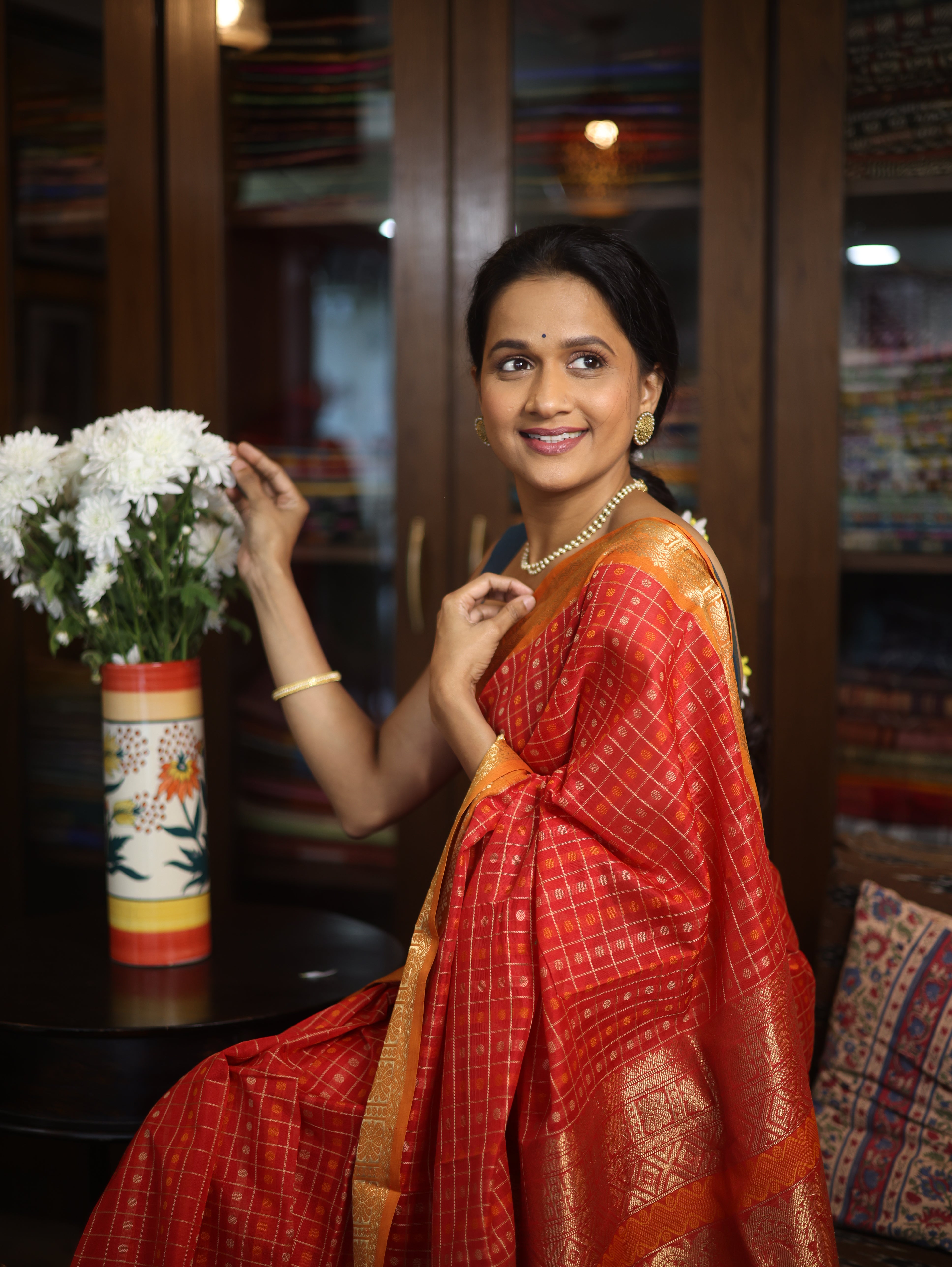 Red Kanchi Silk Cotton Saree with Jari Border-SRRKSCS53