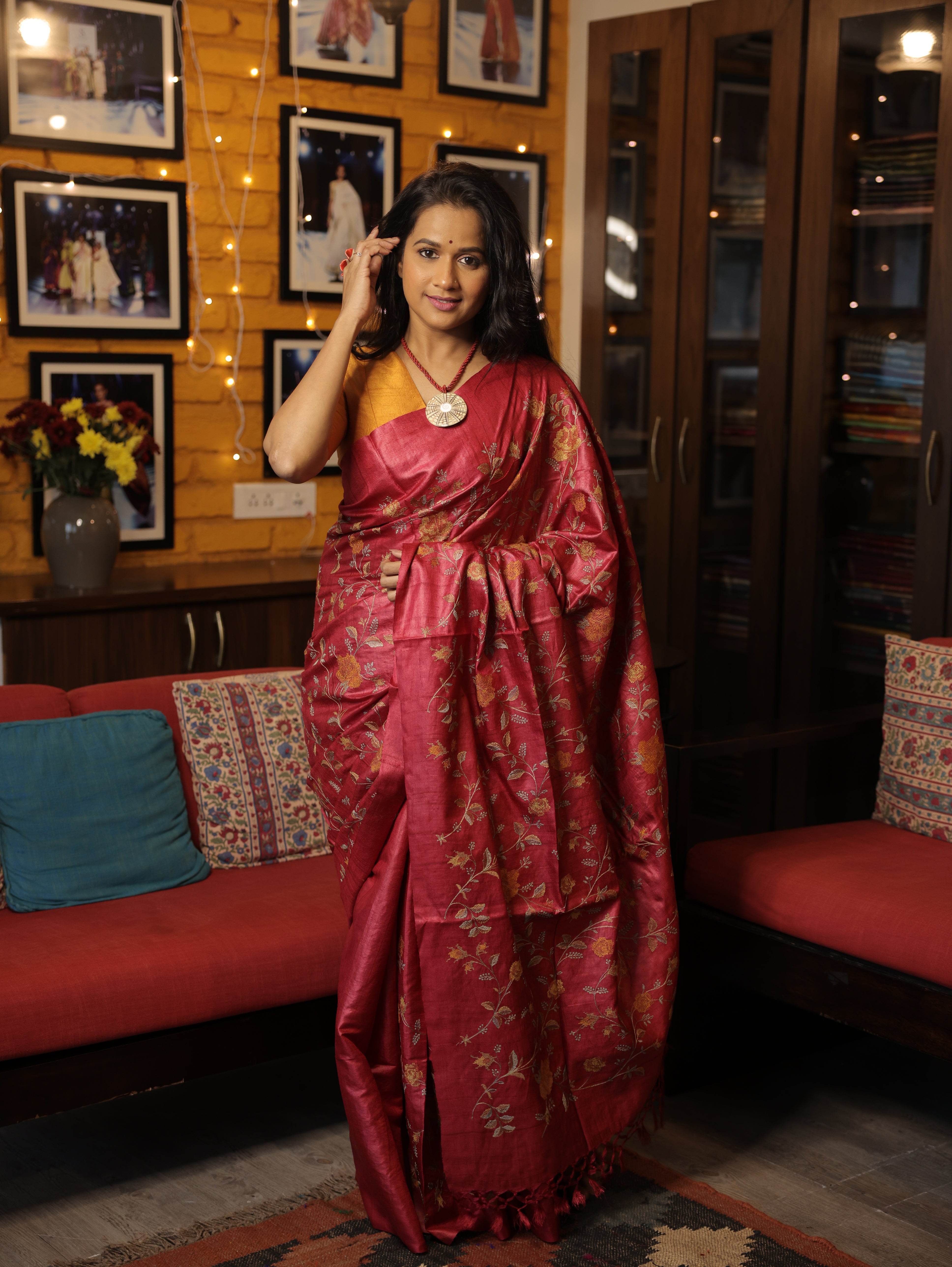 Dark Pink Machine Embroidered Tussar Silk Saree - SRDPMETSS1456