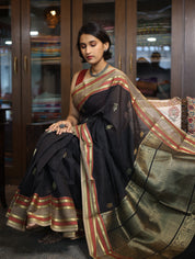 Black Kanchi Silk Cotton Saree with Jari Border-SRBKSCS70