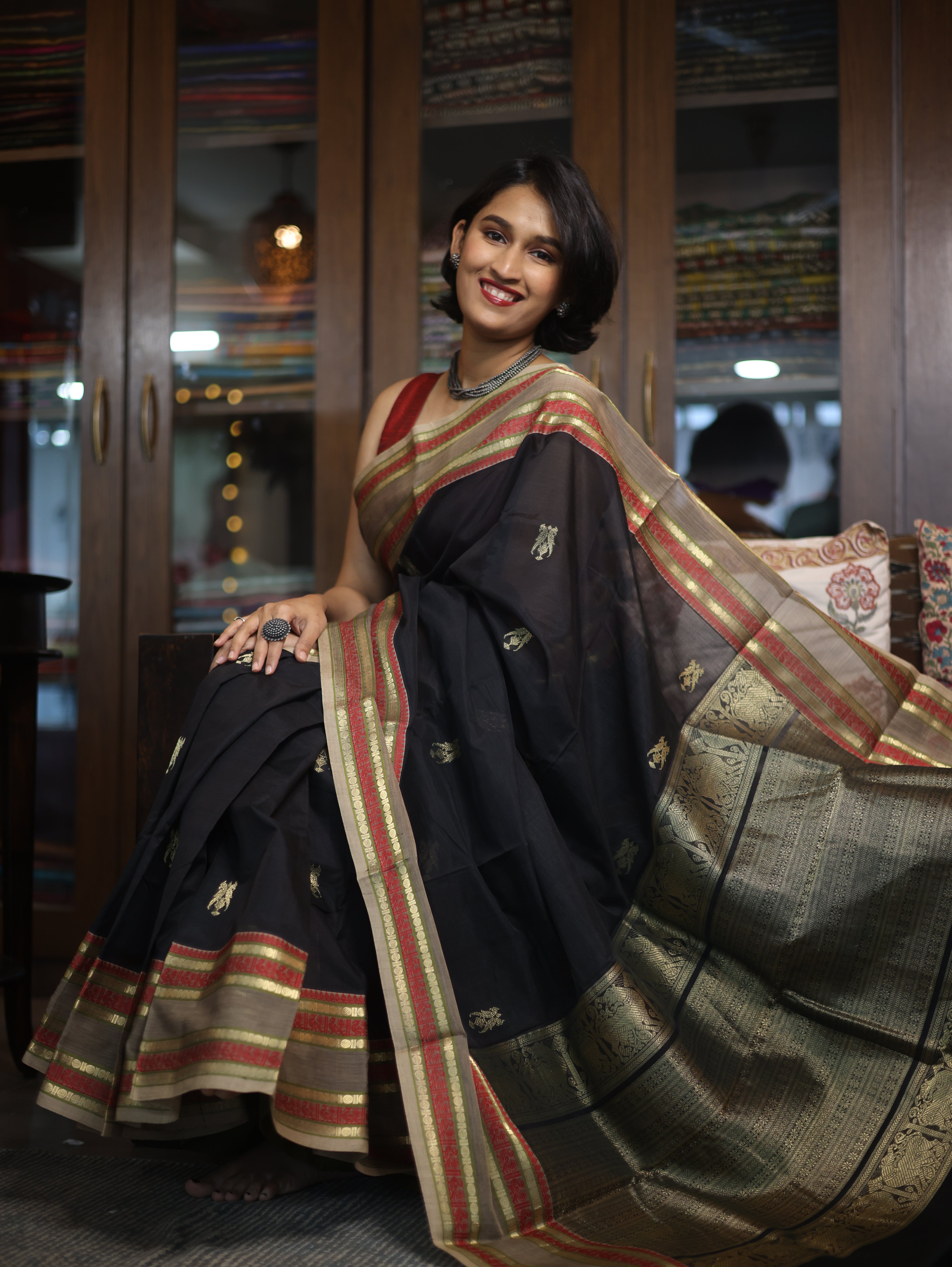 Black Kanchi Silk Cotton Saree with Jari Border-SRBKSCS70