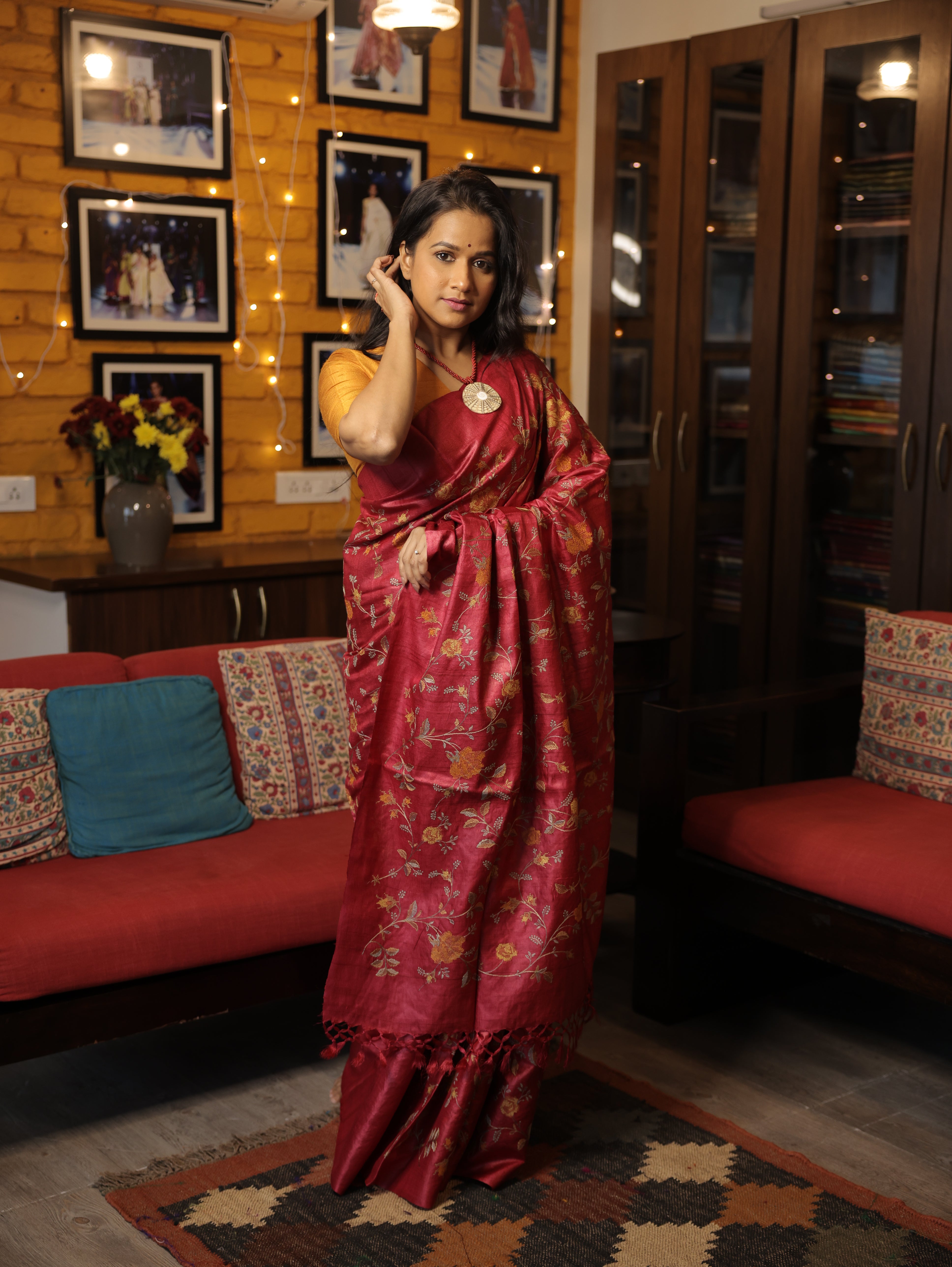 Dark Pink Machine Embroidered Tussar Silk Saree - SRDPMETSS1456