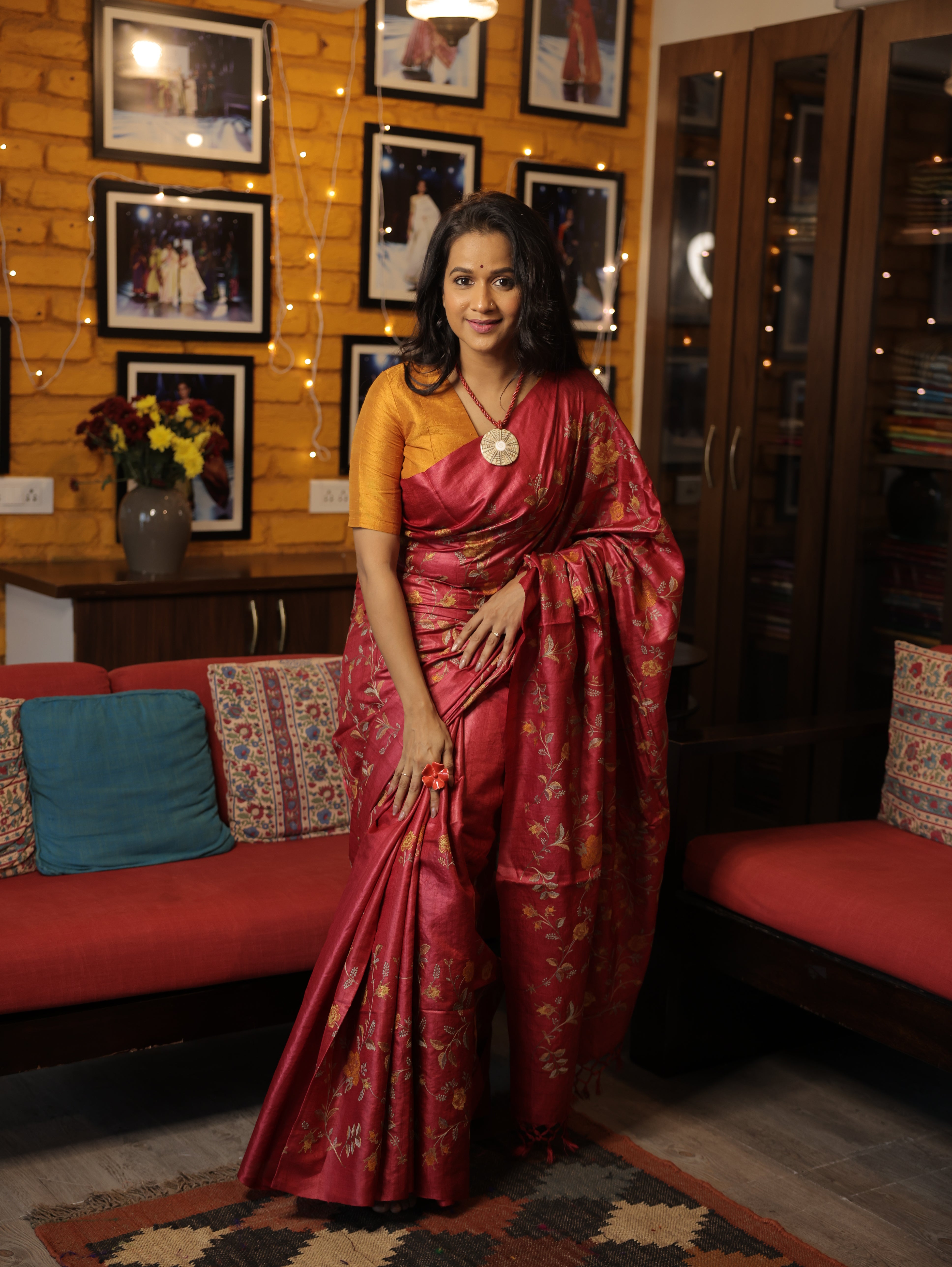 Dark Pink Machine Embroidered Tussar Silk Saree - SRDPMETSS1456