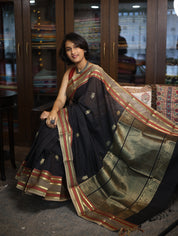 Black Kanchi Silk Cotton Saree with Jari Border-SRBKSCS70