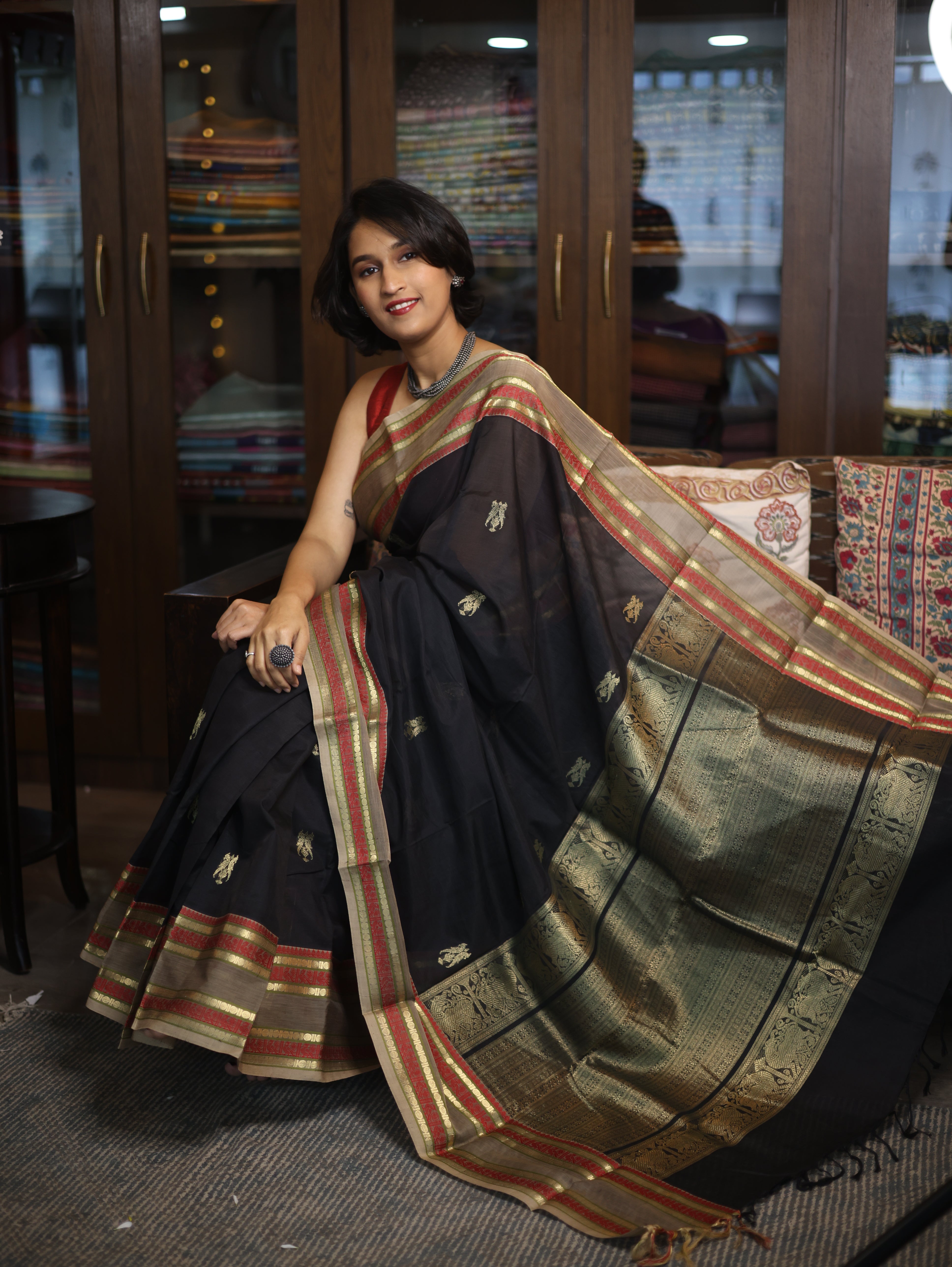 Black Kanchi Silk Cotton Saree with Jari Border-SRBKSCS70