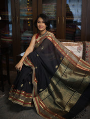 Black Kanchi Silk Cotton Saree with Jari Border-SRBKSCS70