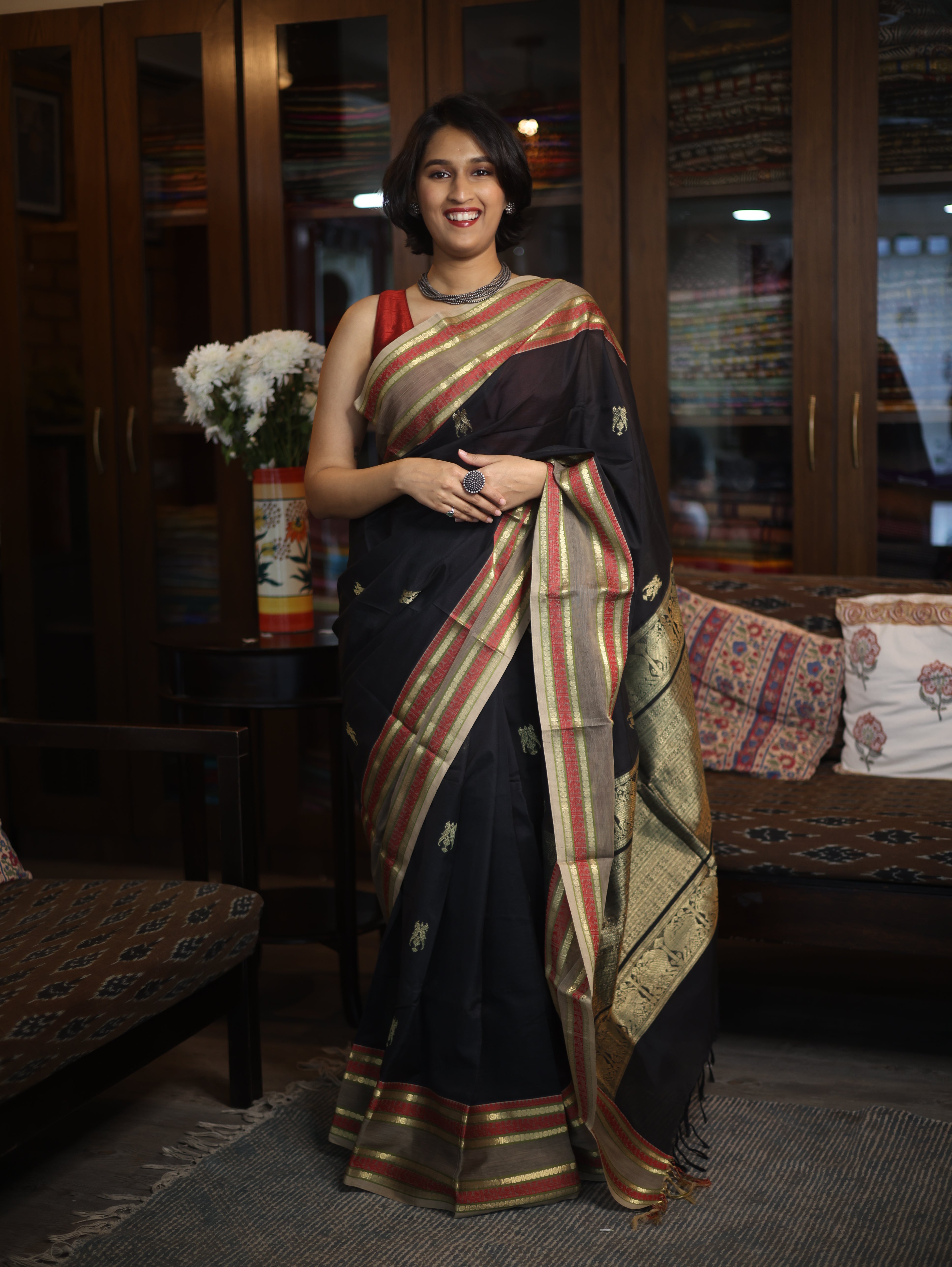 Black Kanchi Silk Cotton Saree with Jari Border-SRBKSCS70