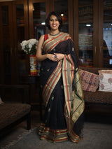 Black Kanchi Silk Cotton Saree with Jari Border-SRBKSCS70
