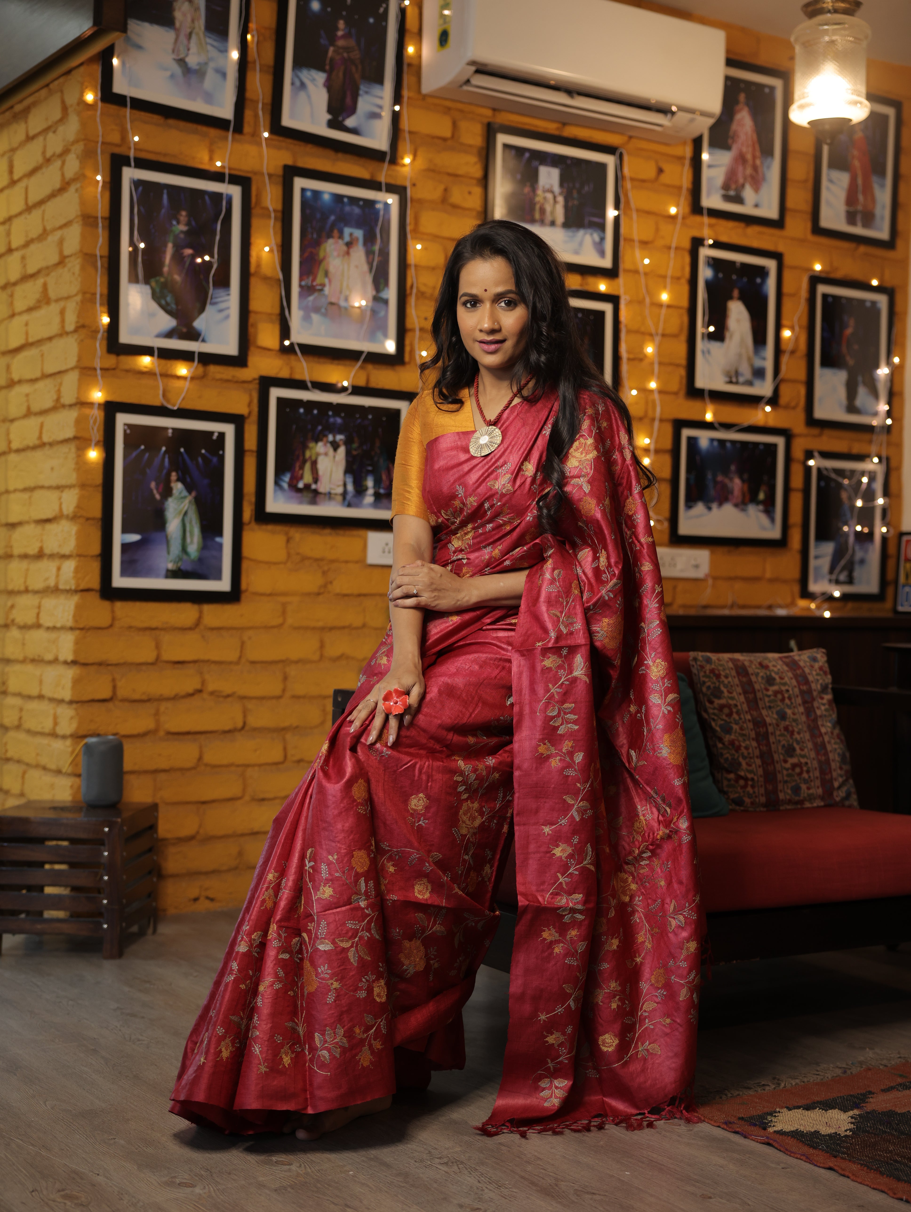 Dark Pink Machine Embroidered Tussar Silk Saree - SRDPMETSS1456