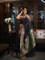 Black Kanchi Silk Cotton Saree with Jari Border-SRBKSCS70