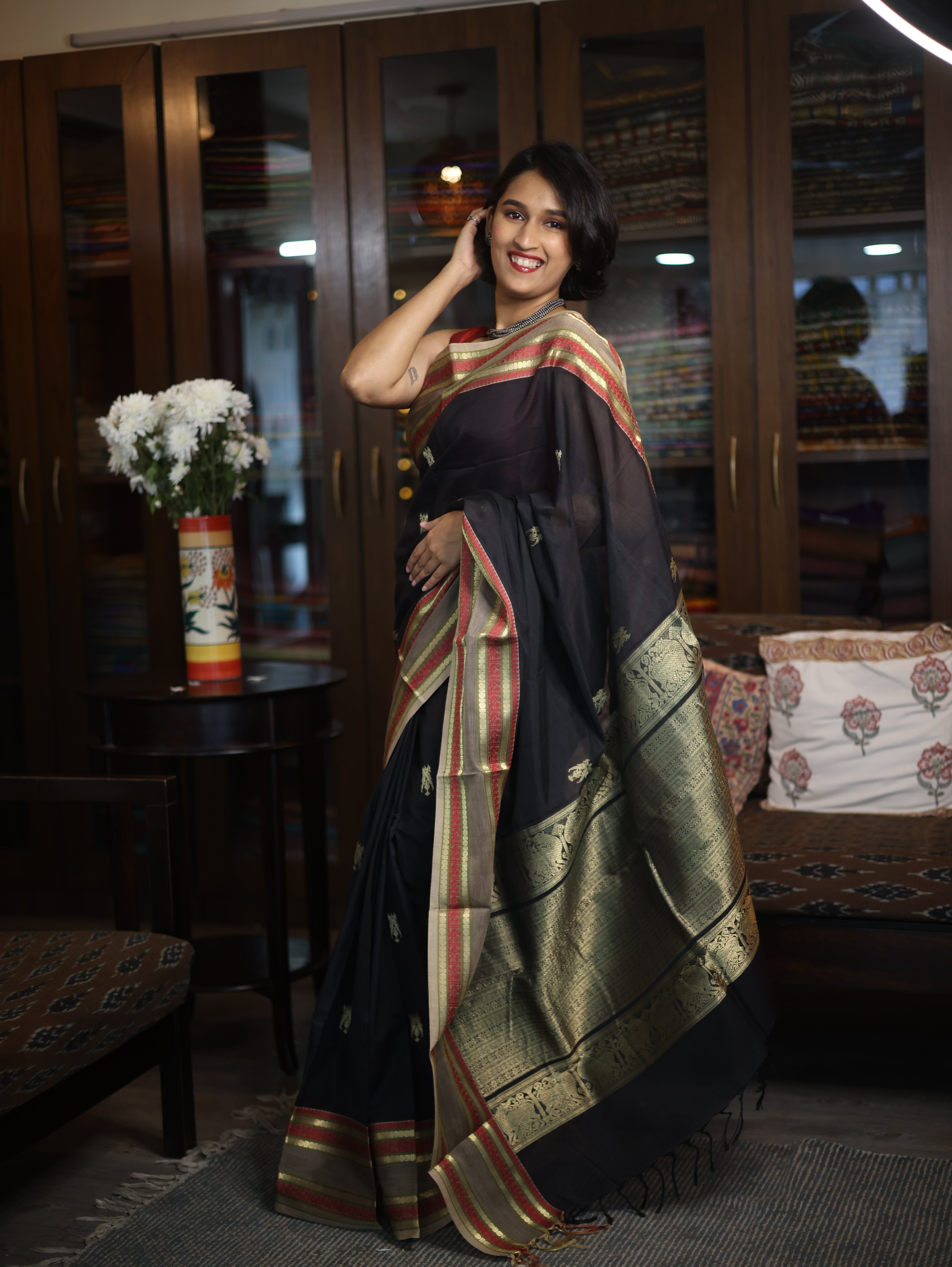 Black Kanchi Silk Cotton Saree with Jari Border-SRBKSCS70