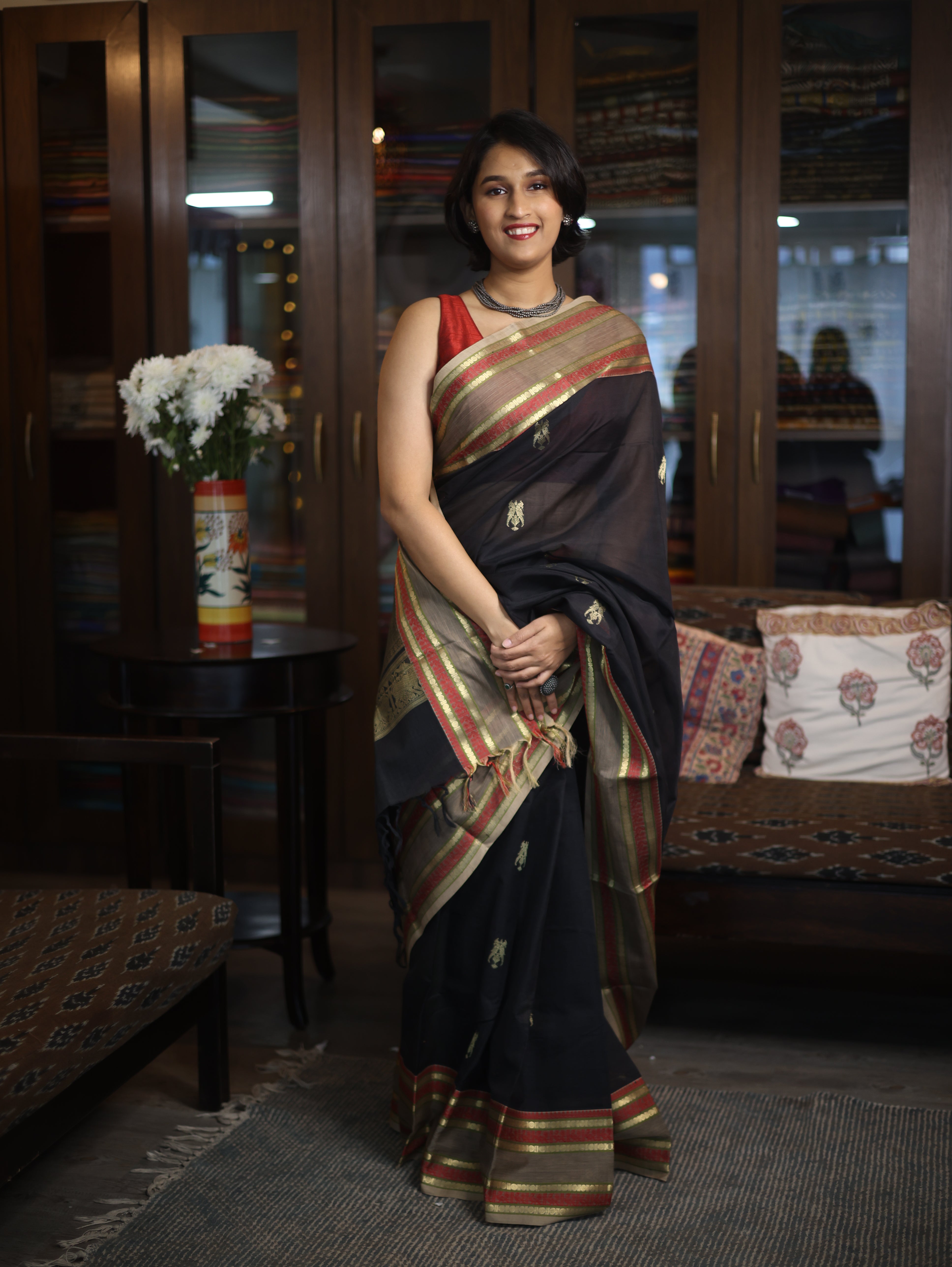 Black Kanchi Silk Cotton Saree with Jari Border-SRBKSCS70