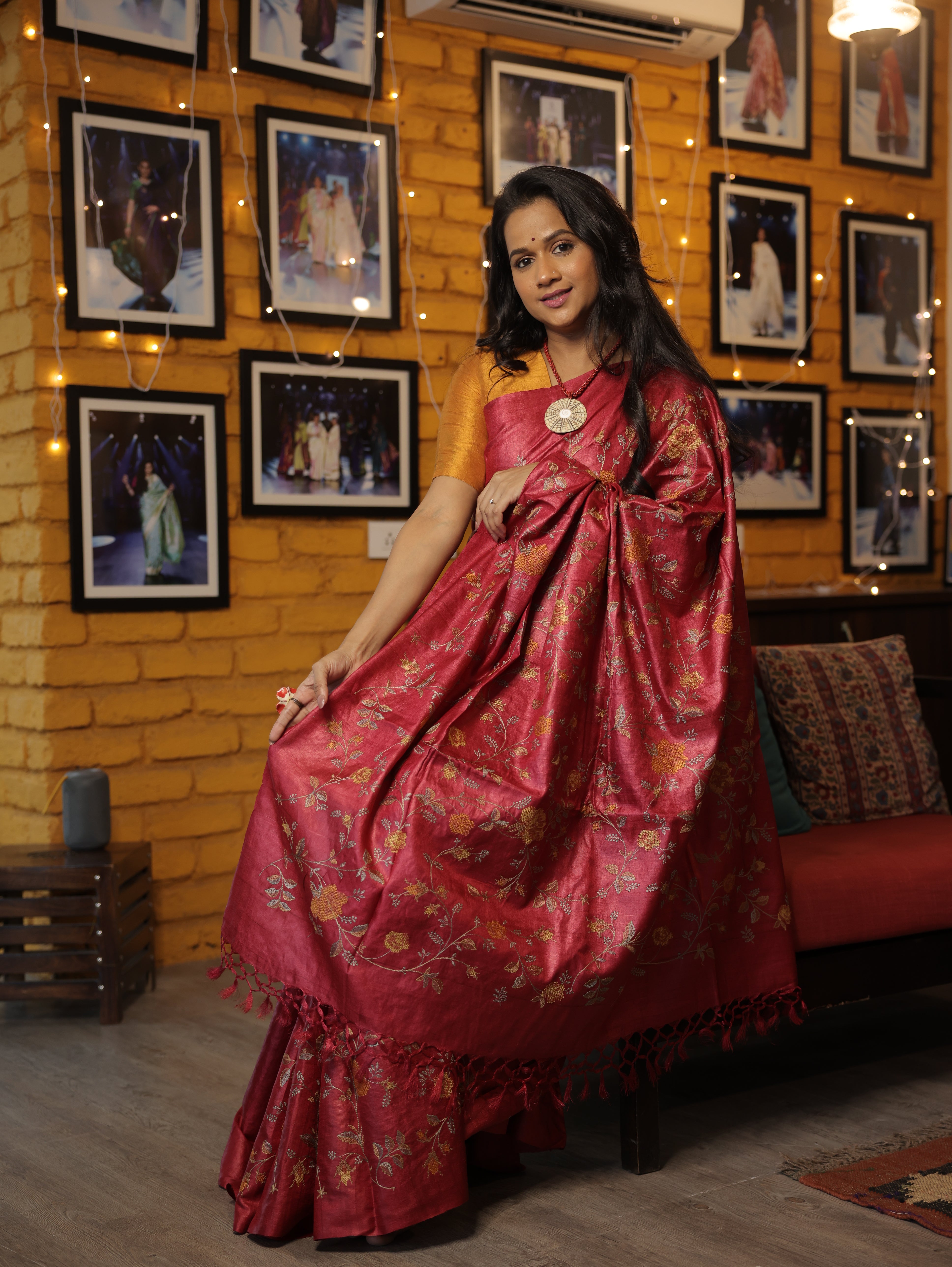 Dark Pink Machine Embroidered Tussar Silk Saree - SRDPMETSS1456