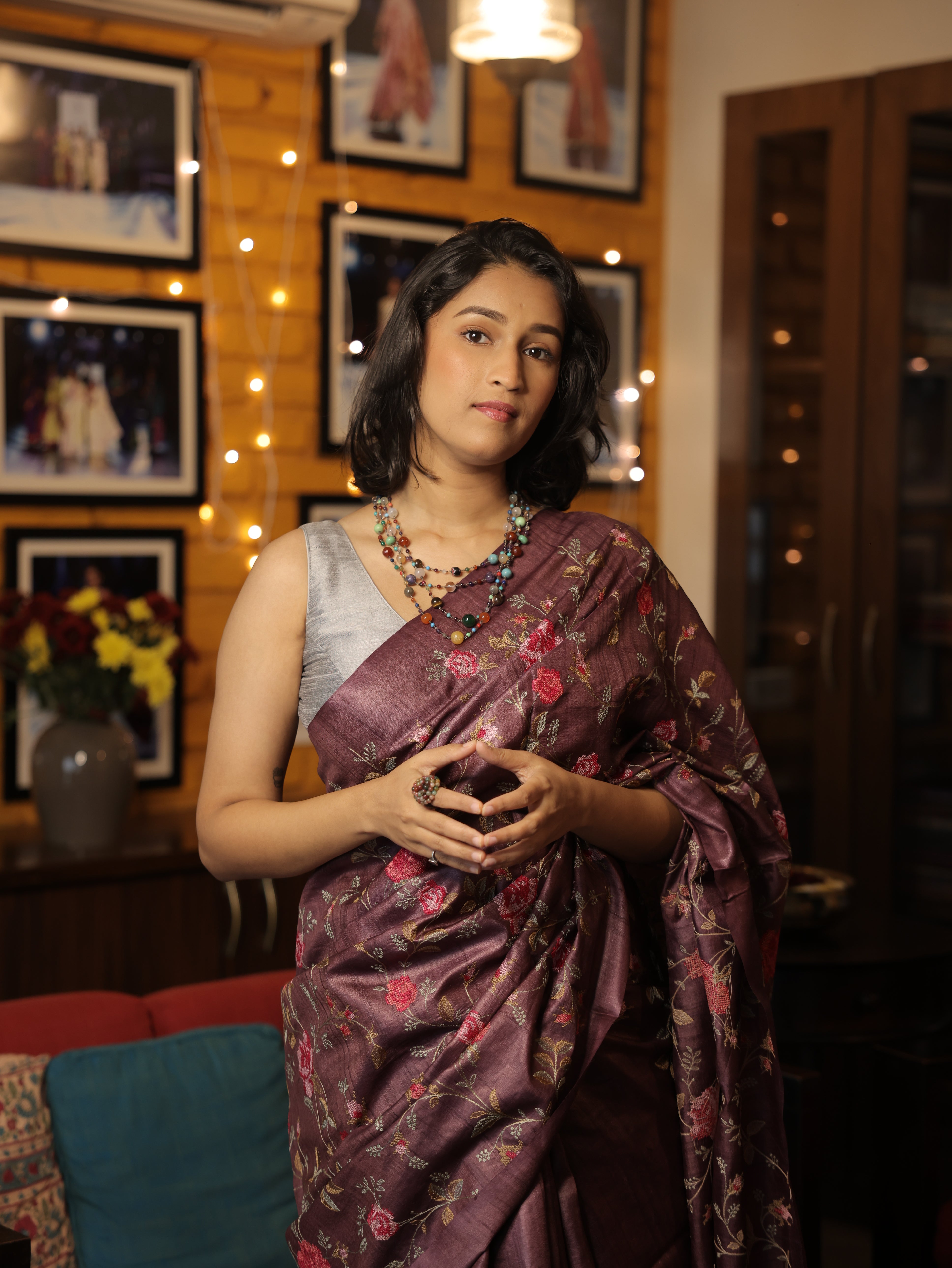 Dark Purple Machine Embroidered Tussar Silk Saree - SRDPMETSS1445