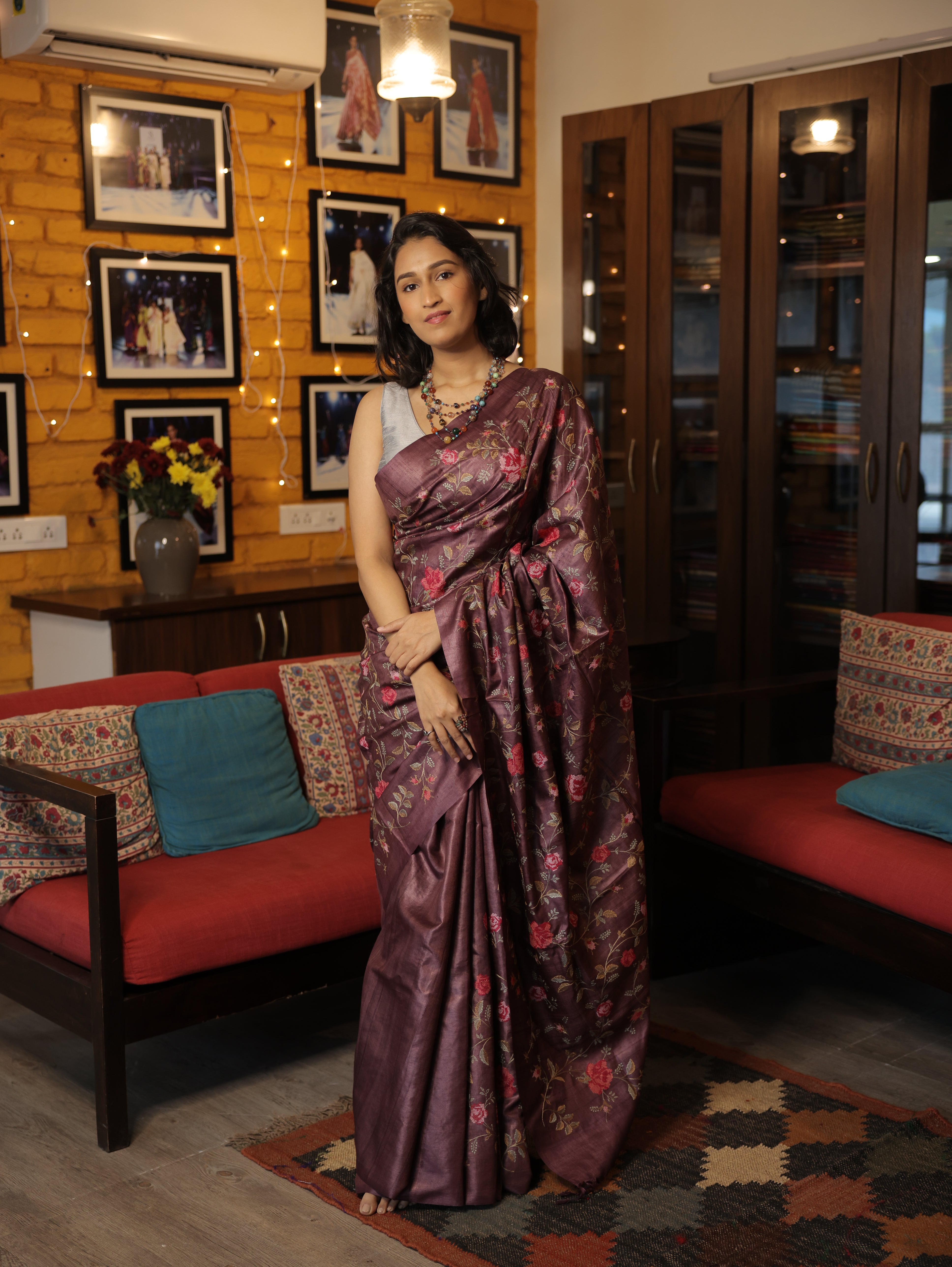 Dark Purple Machine Embroidered Tussar Silk Saree - SRDPMETSS1445