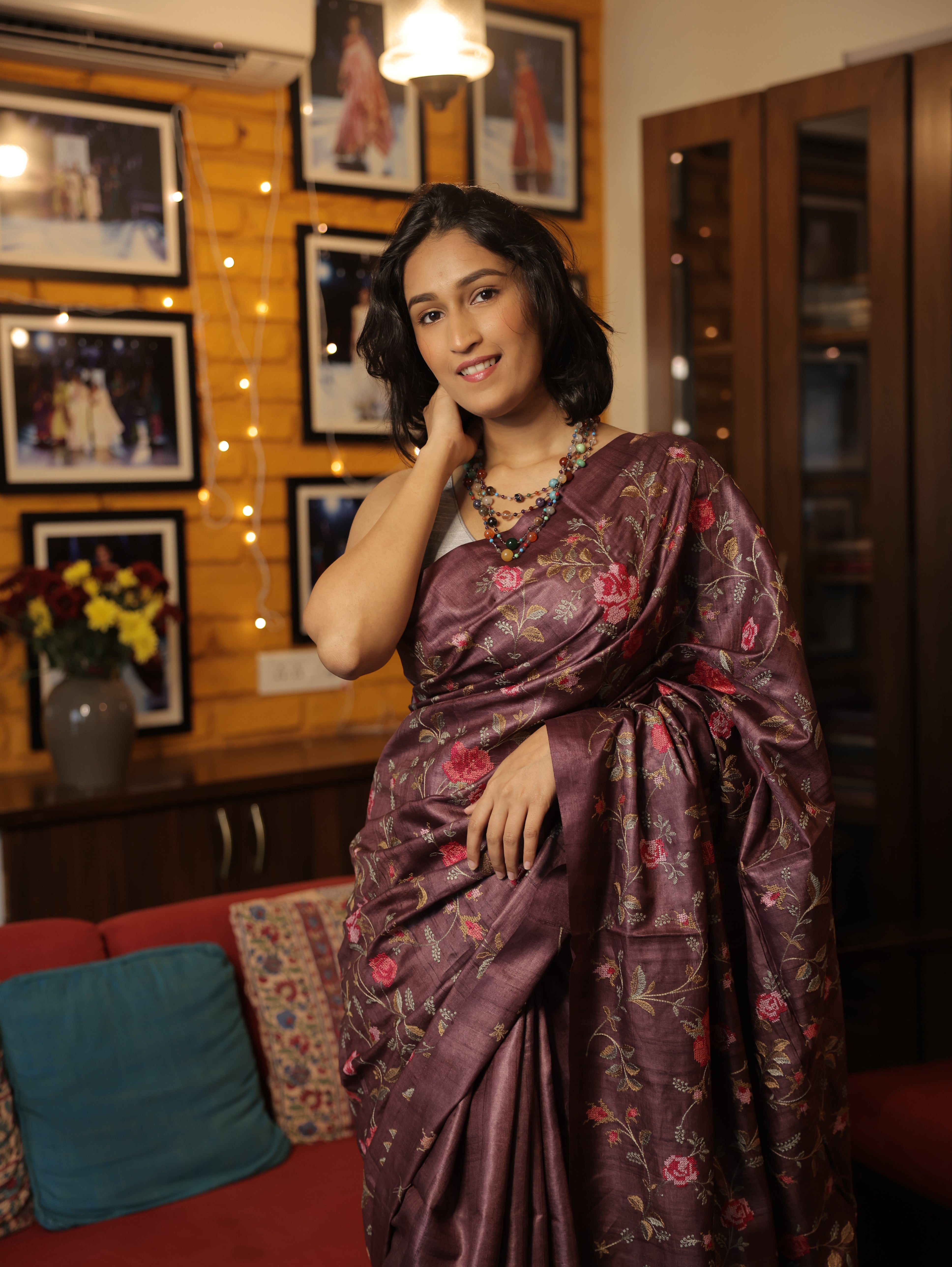 Dark Purple Machine Embroidered Tussar Silk Saree - SRDPMETSS1445