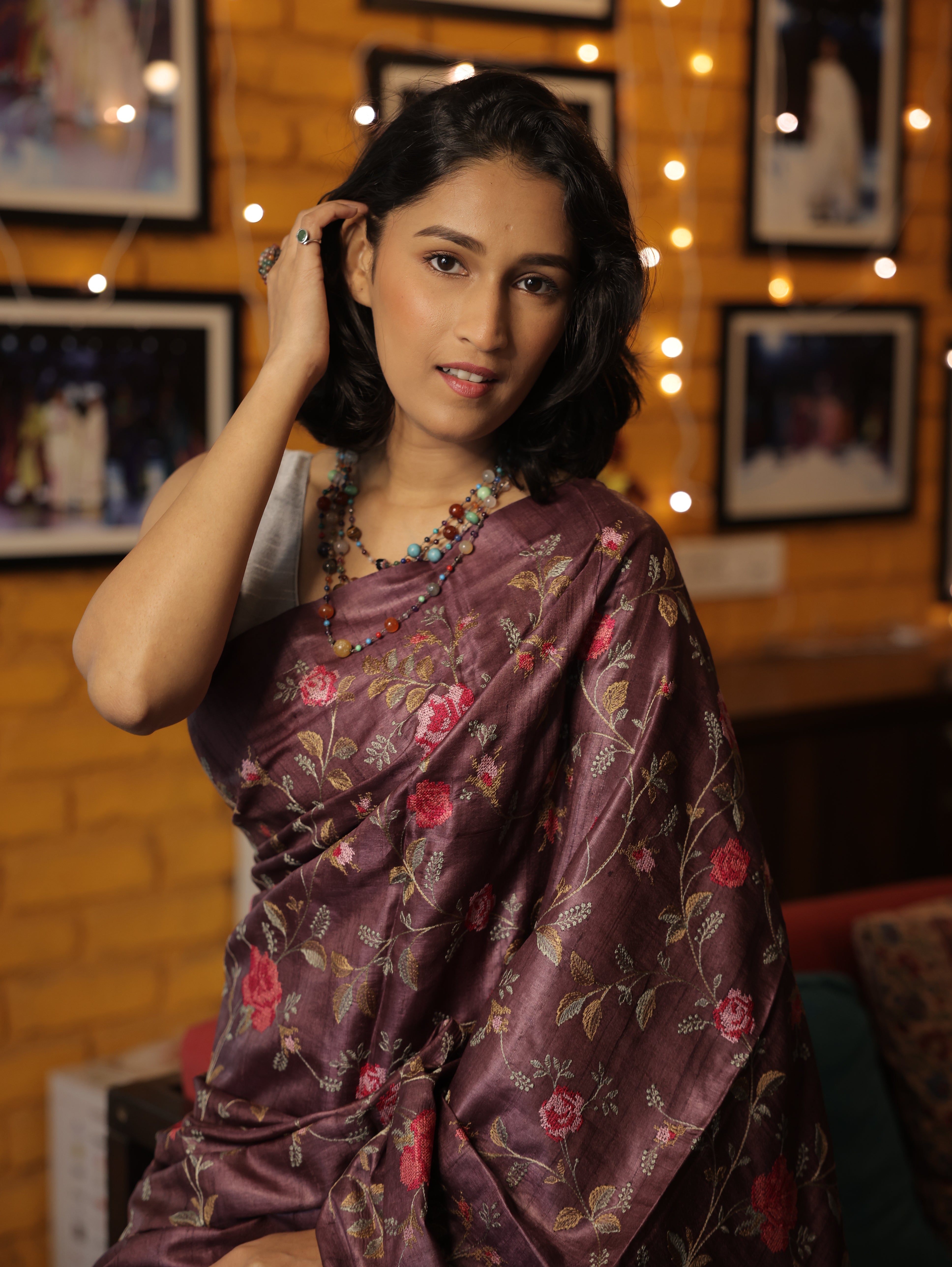 Dark Purple Machine Embroidered Tussar Silk Saree - SRDPMETSS1445