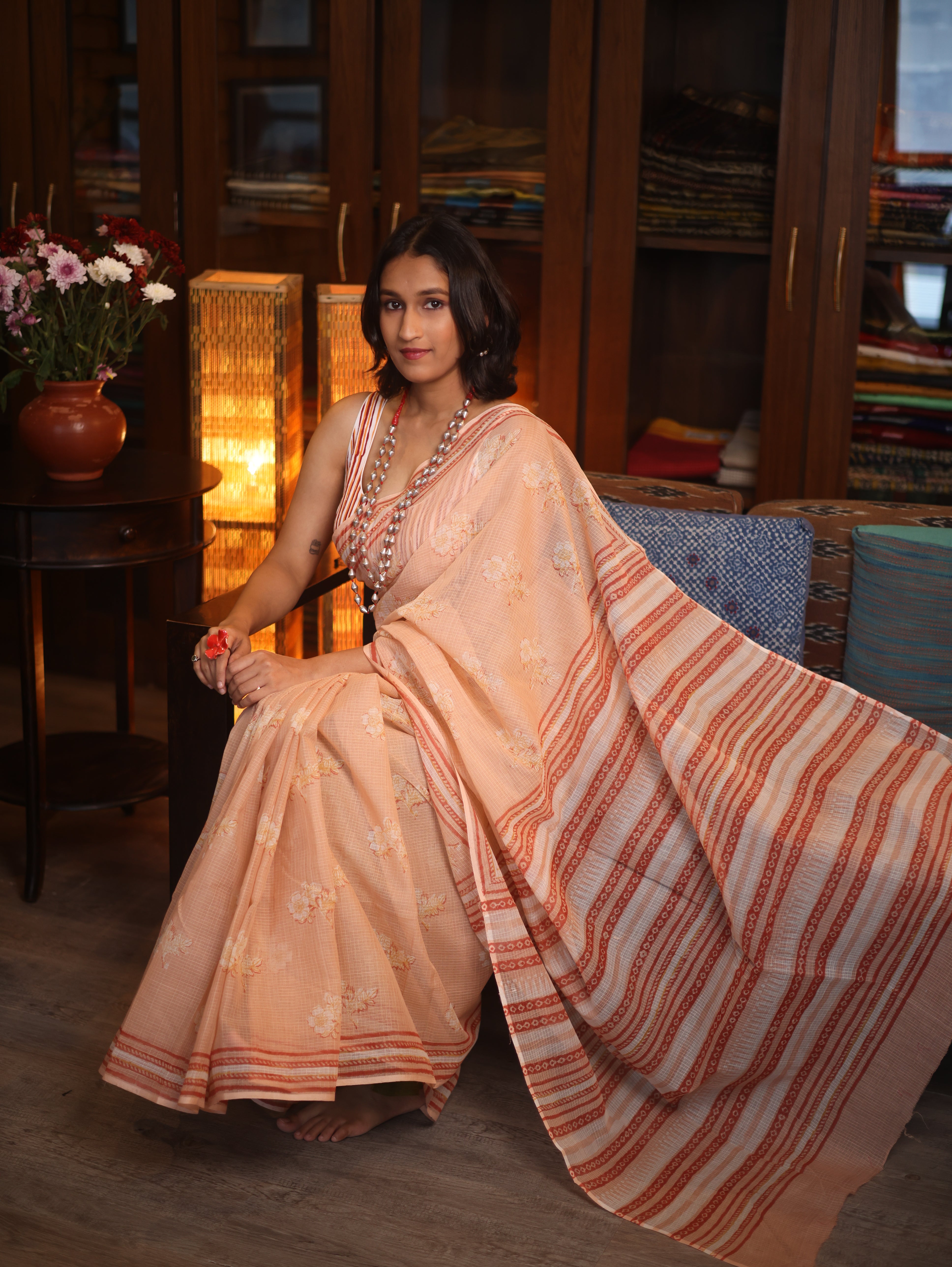 Peach HBP Kota Doria Saree - SRPKDS113