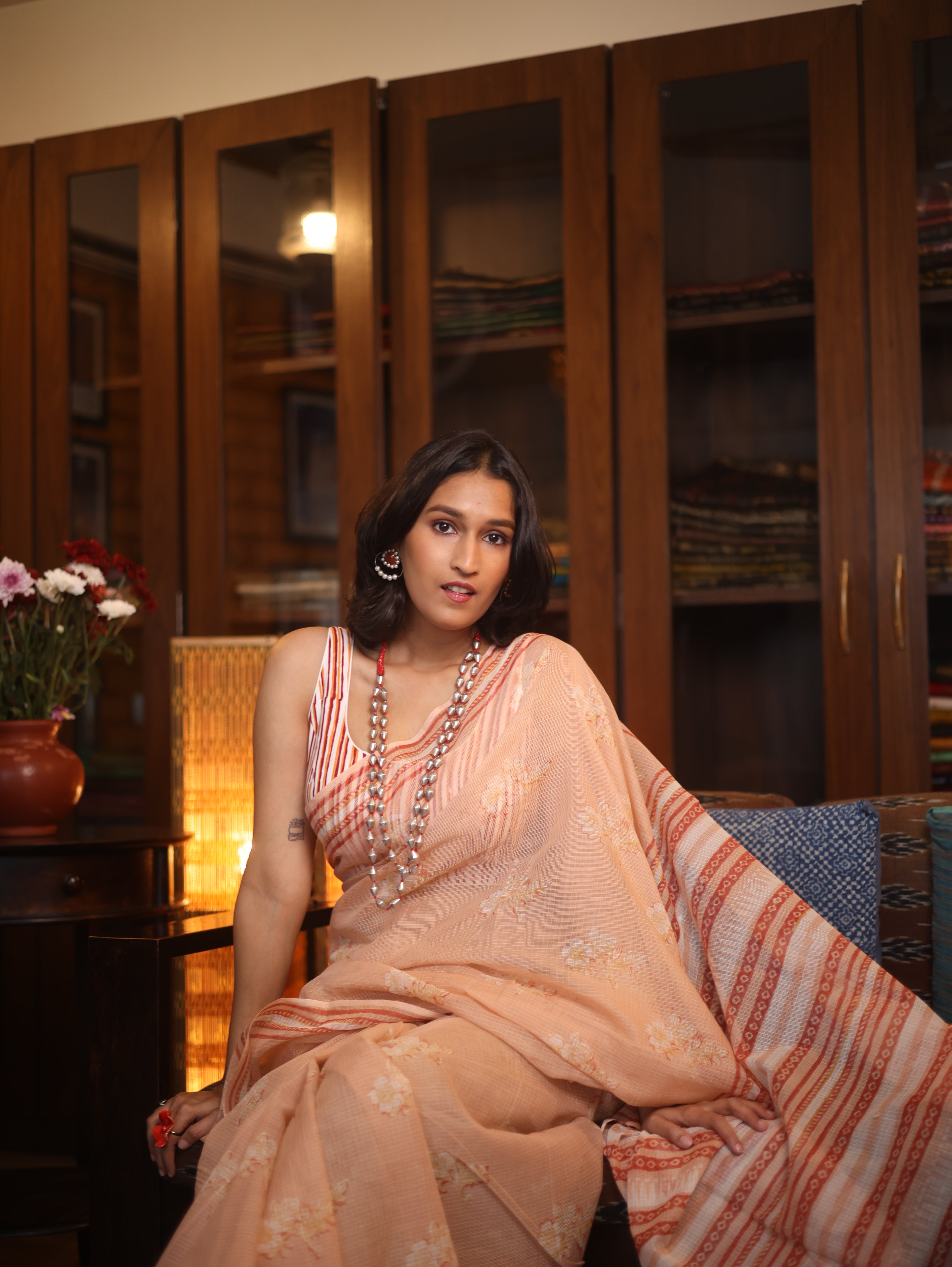 Peach HBP Kota Doria Saree - SRPKDS113