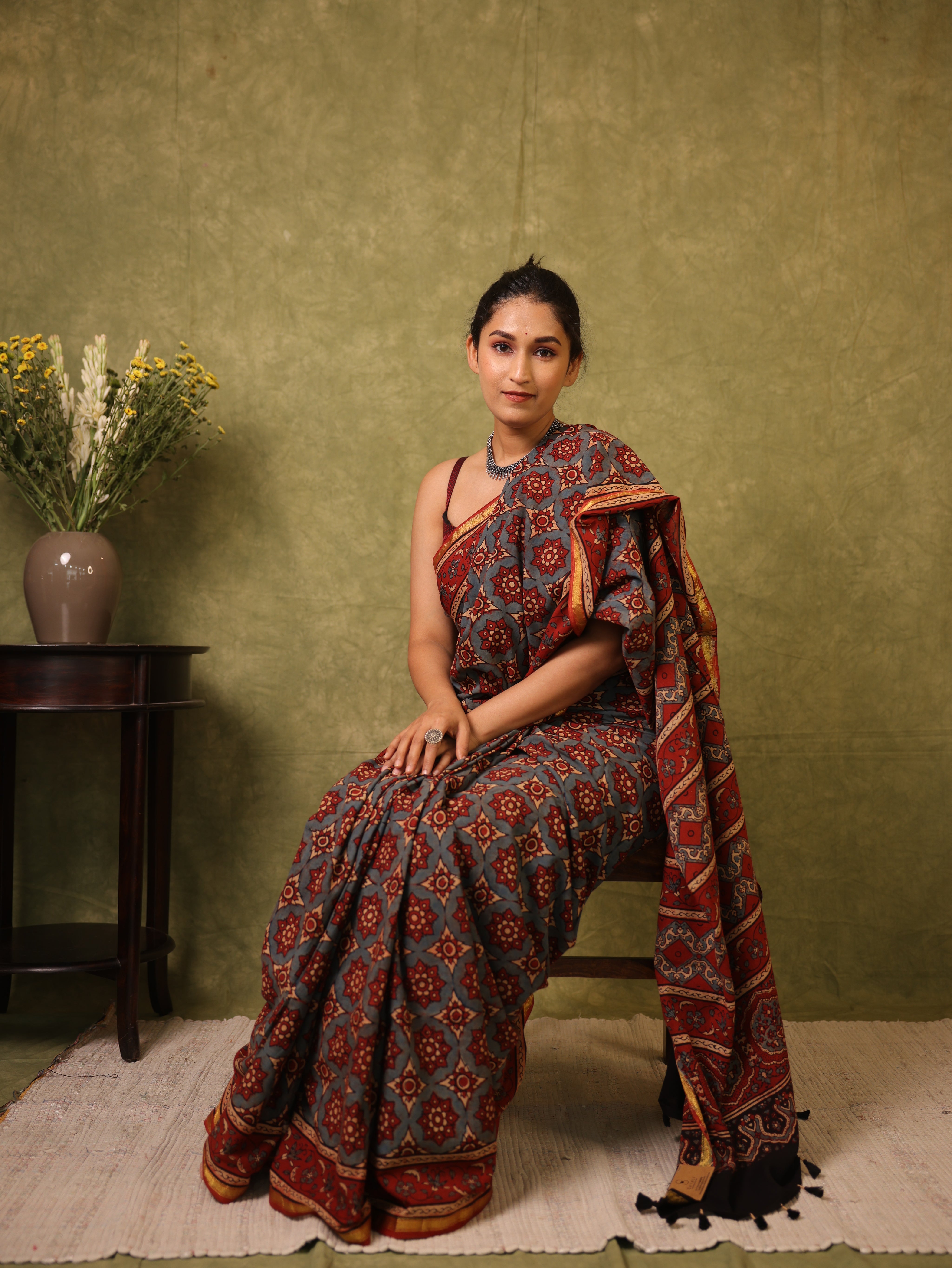 Light Blue HBP Cotton Ajrakh Saree - SRLBCAS10