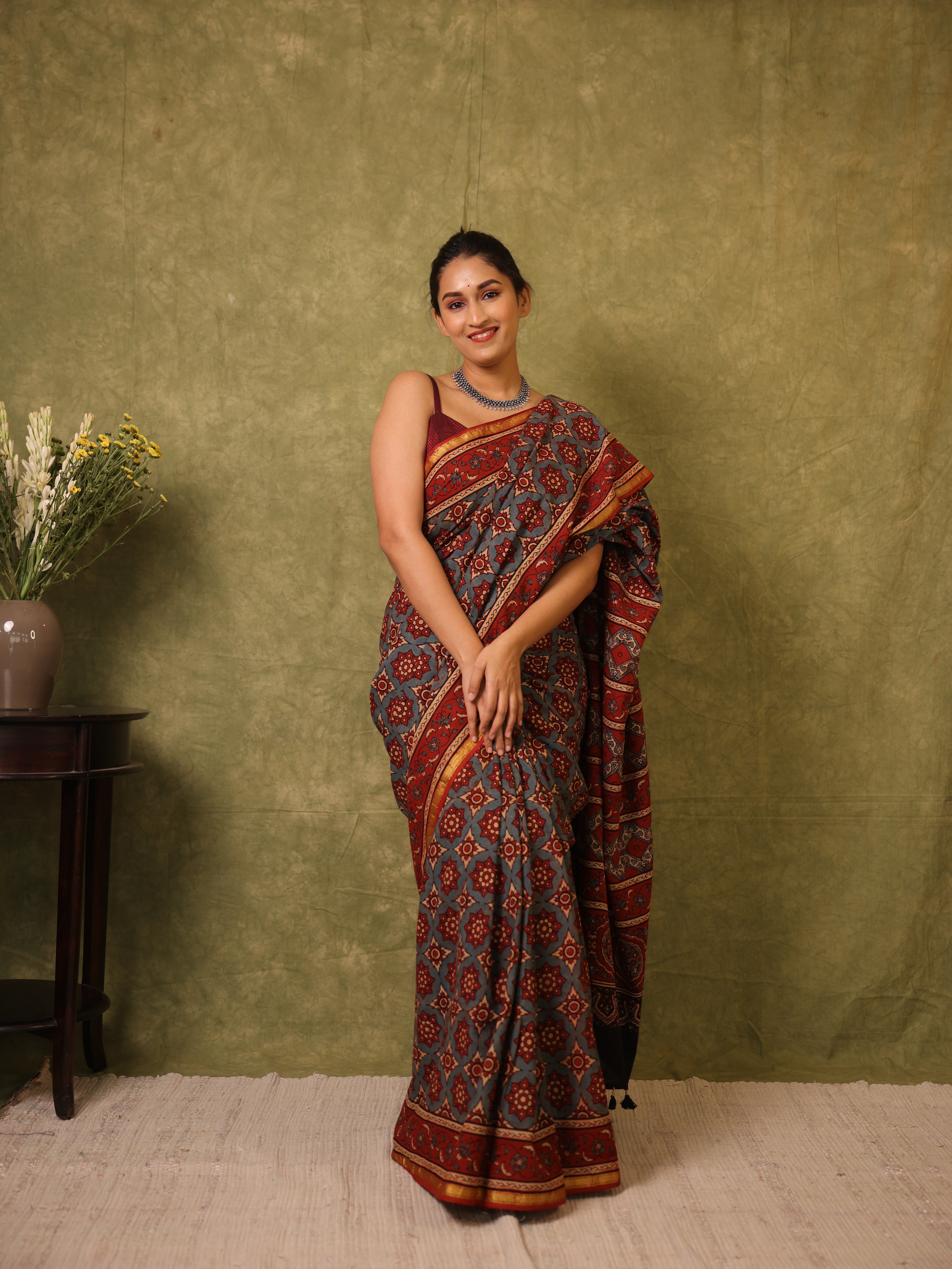 Light Blue HBP Cotton Ajrakh Saree - SRLBCAS10