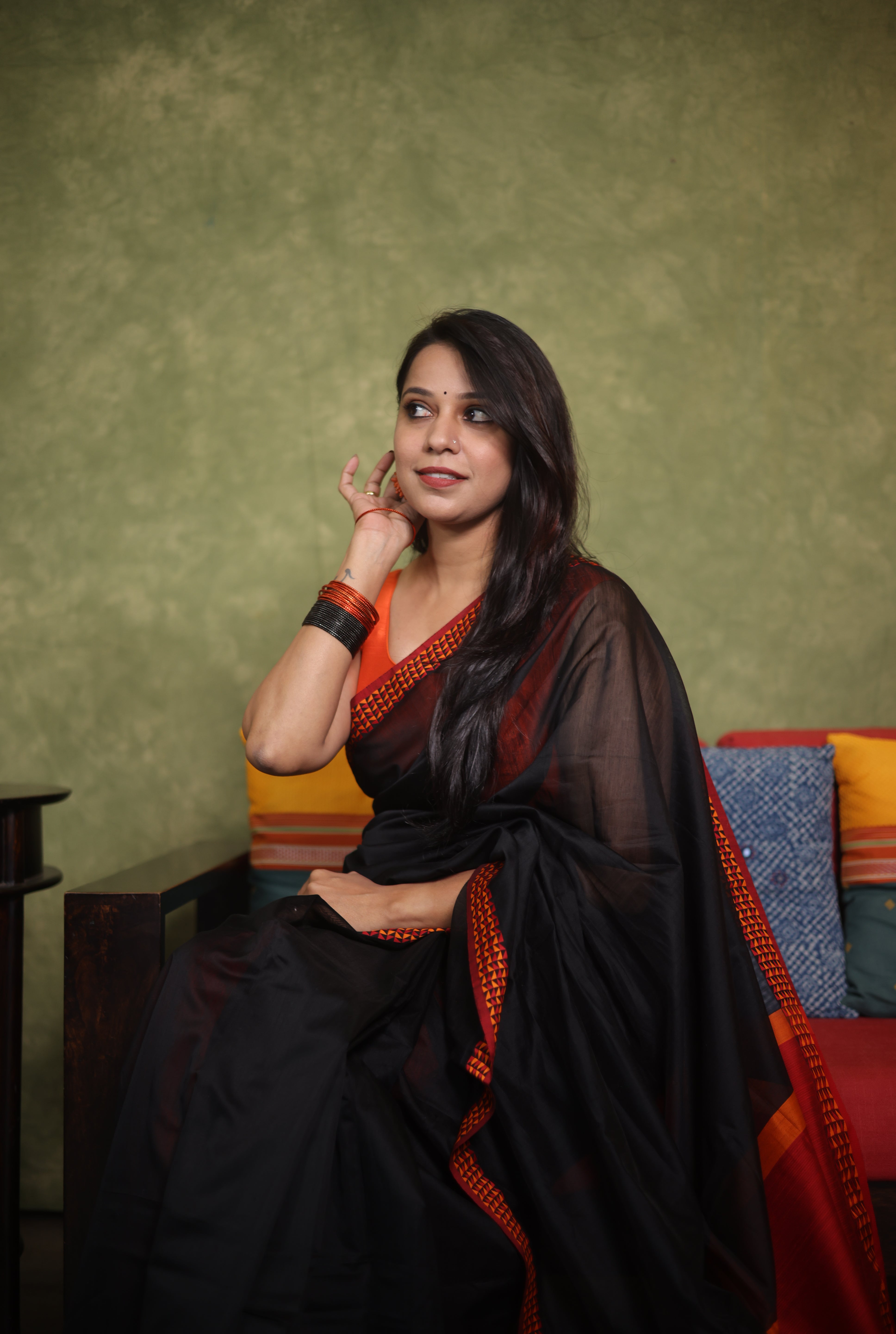 Black Maheshwari Saree - SRBMS774