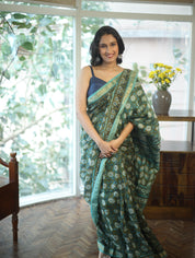 Green HBP Cotton Silk Saree With Maheshwari Border - SRGCSS1051