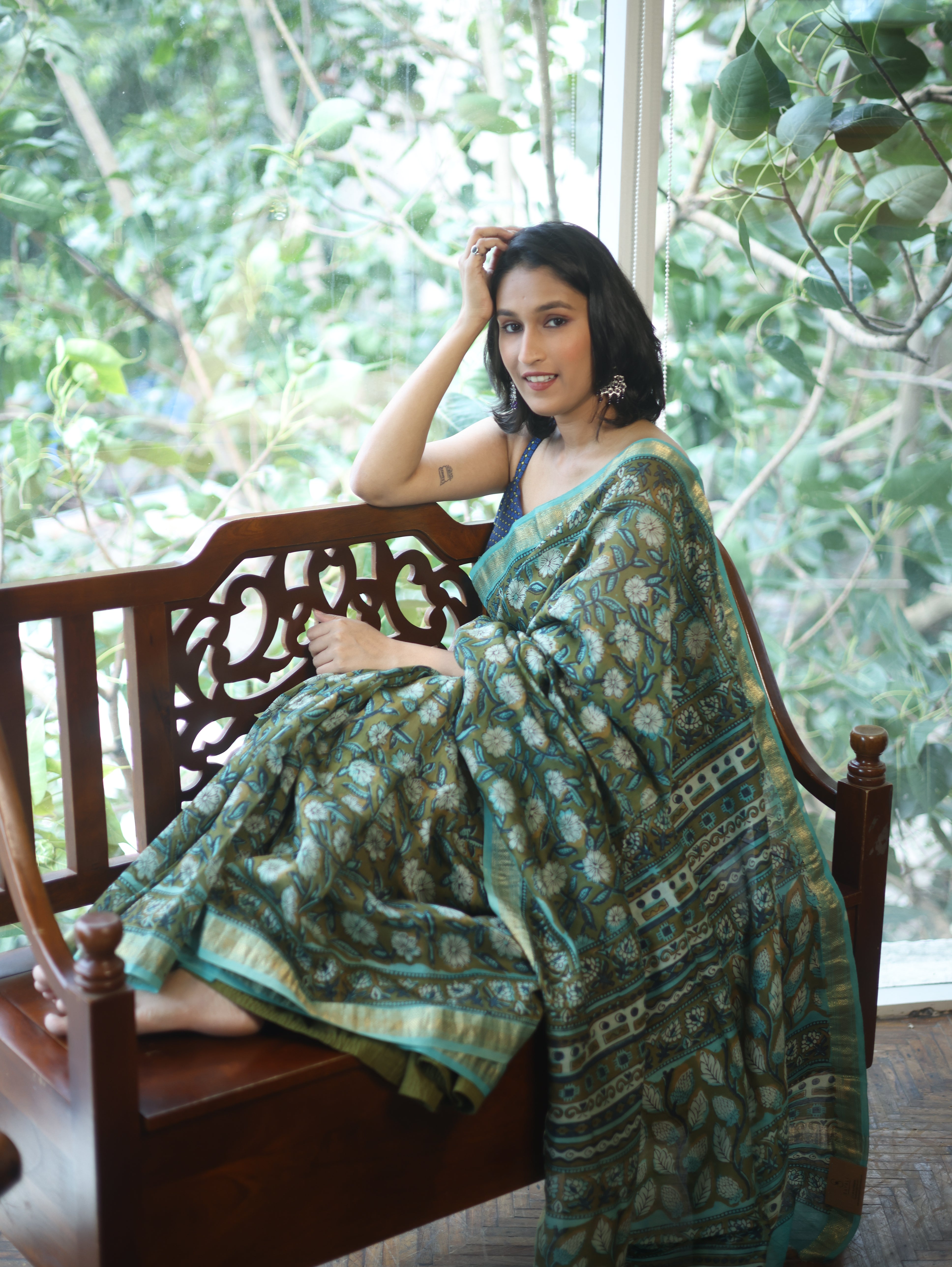 Green HBP Cotton Silk Saree With Maheshwari Border - SRGCSS1051